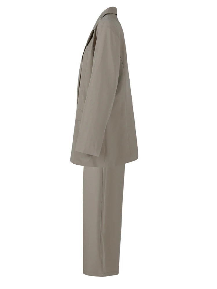 Women's Big Size Khaki Long Blazer & Wide Leg Pants Two-Piece Suit - Lapel Long Sleeve Fashion Set for Spring & Autumn 2025 | Office Wear, Business Casual, Formal Outfits