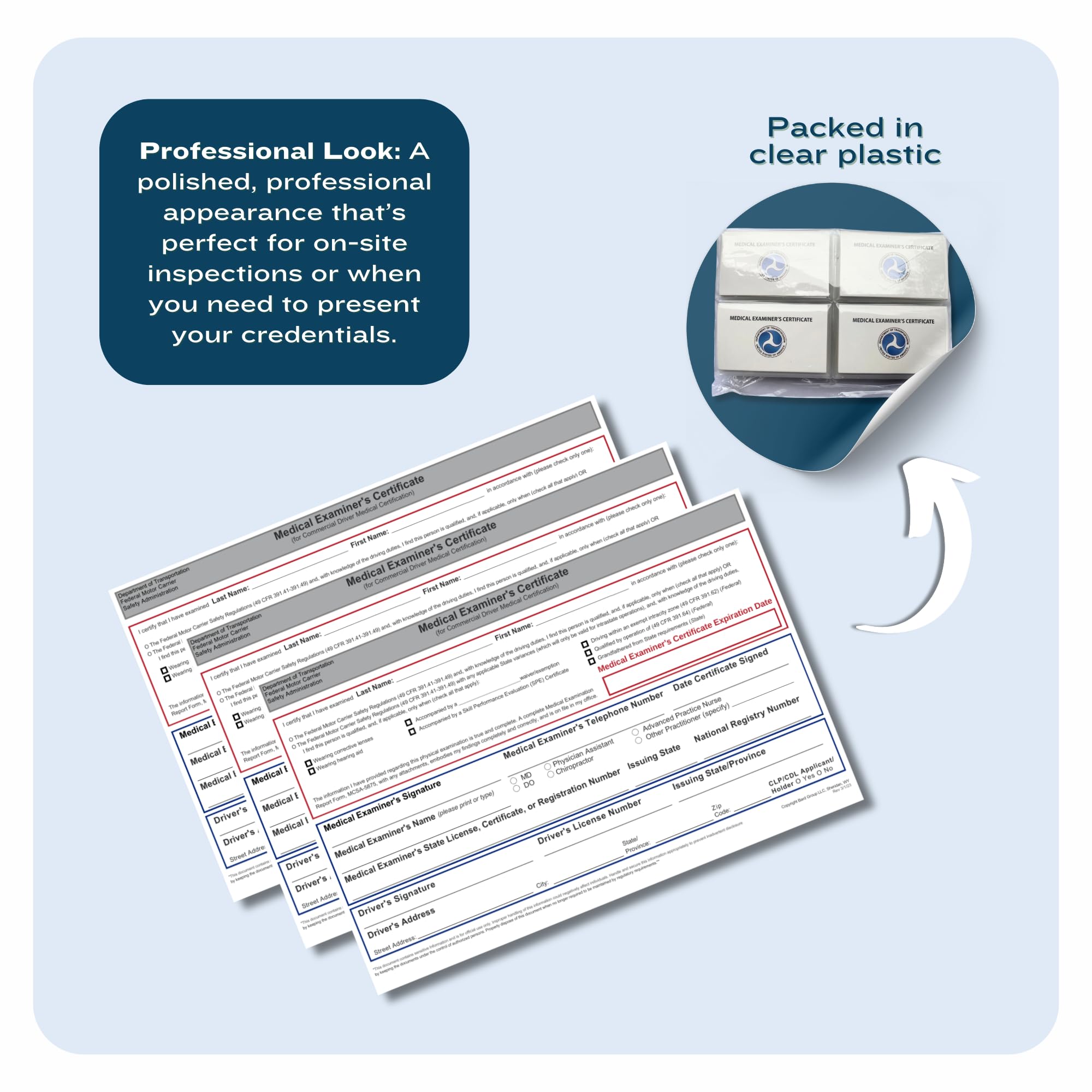 DOT FMCSA Medical Examiner Certificate Laminated Cards - 20/40/60/100 Pack (MCSA-5876) | Commercial Driver Medical Wallet Cards | Perfect for Truckers, Bus Drivers & CDL Holders