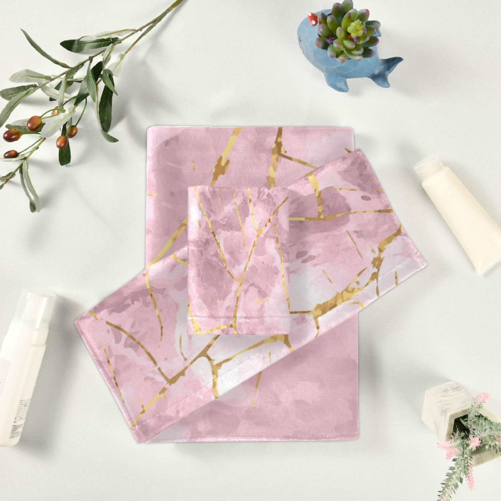 ALAZA Luxury Marble Rose Gold Bath Towel Set - 3-Piece Soft Highly Absorbent Towels (Bath, Hand, Washcloth) for Bathroom, Spa, Gym & Beach - Perfect for Home Decor & Gift Giving