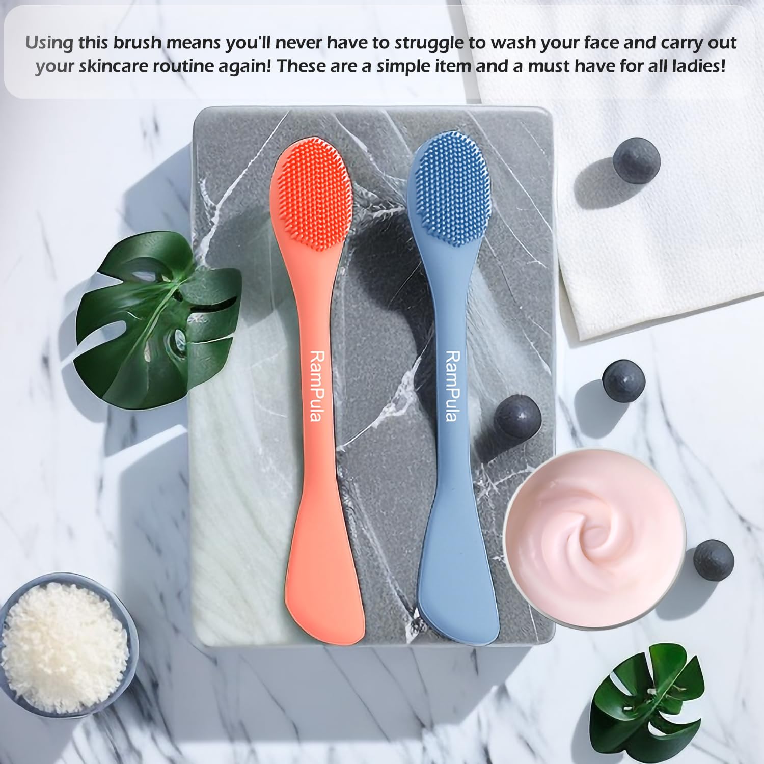 **Rampula Silicone Face Mask Brush - Flexible Facial Mud & Clay Mask Applicator Tool for Moisturizers, Charcoal & Body Lotions (Orange & Dark Blue) - Perfect for Spa, Skincare & At-Home Facial Treatments**