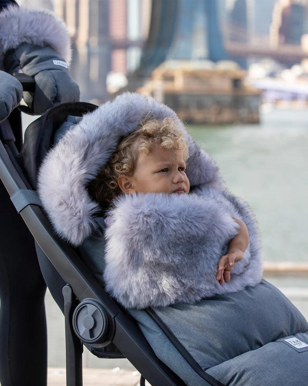 7 A.M. Car Seat Cover & Stroller Footmuff - Tundra Plush & Faux Fur in Heather Dark Grey - Warm Winter Protection for Babies in Car Seats and Strollers