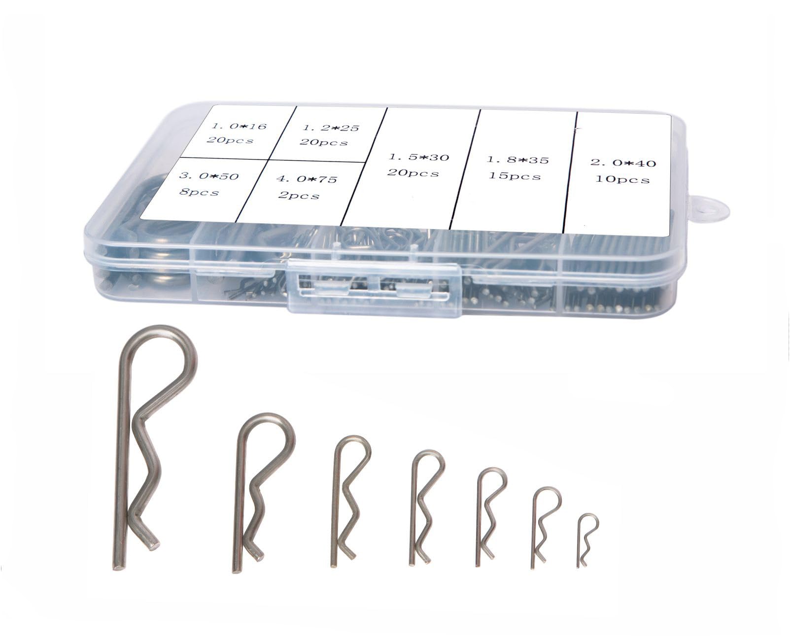 Heavy Duty Stainless Steel Cotter Pins Assortment Kit - 95PCS 7 Sizes (1.0-4.0mm) R Clips with Trailer Hitch Pins - Spring Fasteners for Automotive, Machinery & DIY Projects