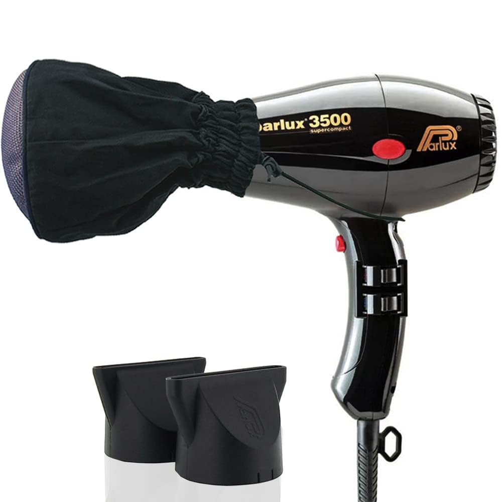 Parlux 3500 Super Compact Black Hair Dryer with Metal Mesh Diffuser - Lightweight High-Speed Blow Dryer for Fast Drying & Volumizing Curls - Perfect for Home Use, Salon Styling & Travel