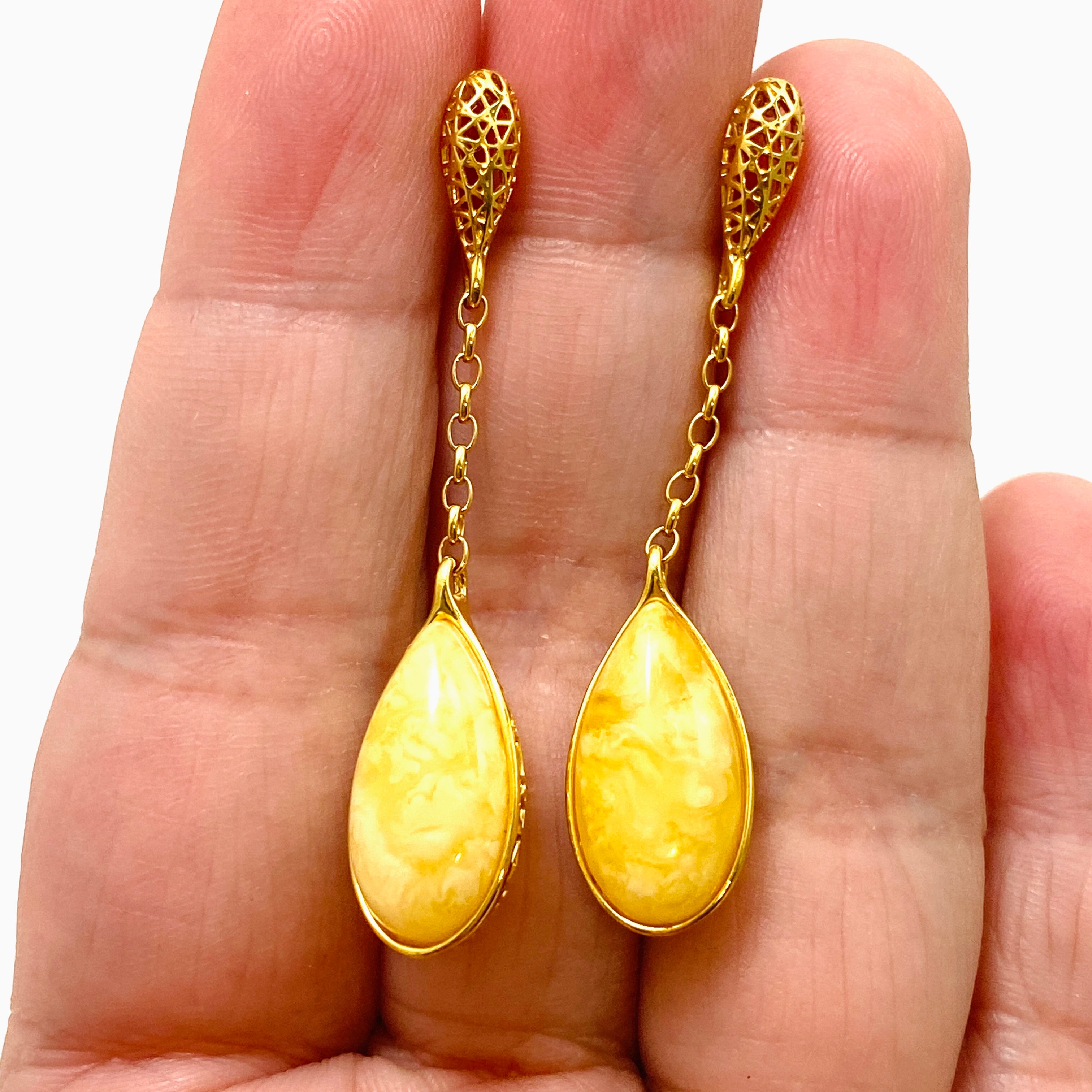 Baltic Butter Amber Gold Plated Earrings for Women - Handmade Dangle Earrings - Elegant Jewelry Gift for Her - Perfect for Weddings, Parties & Special Occasions