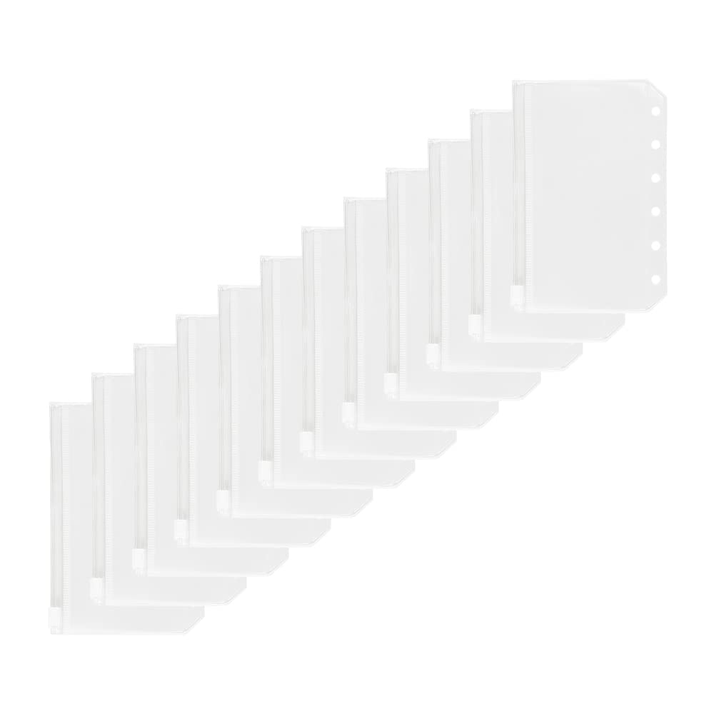 12 Pcs A7 Size Clear Plastic Zipper Binder Envelopes - Waterproof PVC Pockets for 6-Ring Loose Leaf File Folders, Refillable Planner Covers - Perfect for School, Office & Travel Organization
