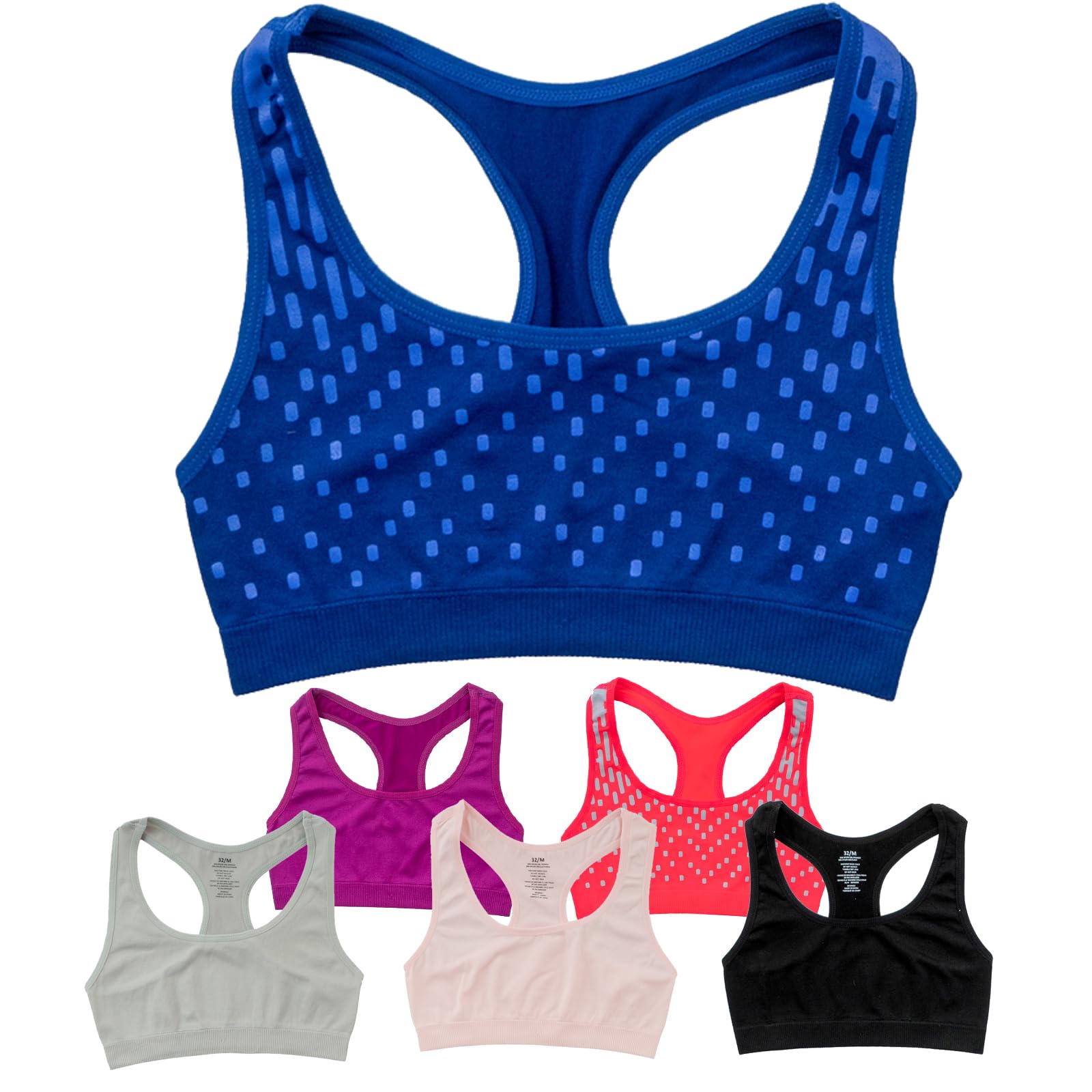 Alyce Ives Seamless Girls Sports Bra Pack of 6 - Racerback Training Bras for Teens & Youth - Perfect for Gym, Yoga & Active Play