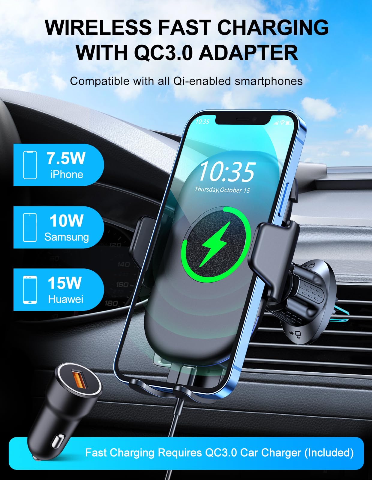 15W Fast Wireless Car Charger Mount - Qi-Certified Phone Holder for iPhone 16/15/14/13/12/11 Pro Max & Galaxy S24/S23/S22 - Air Vent Car Phone Mount with Secure Grip | Perfect for Commuting, Road Trips & Hands-Free Navigation