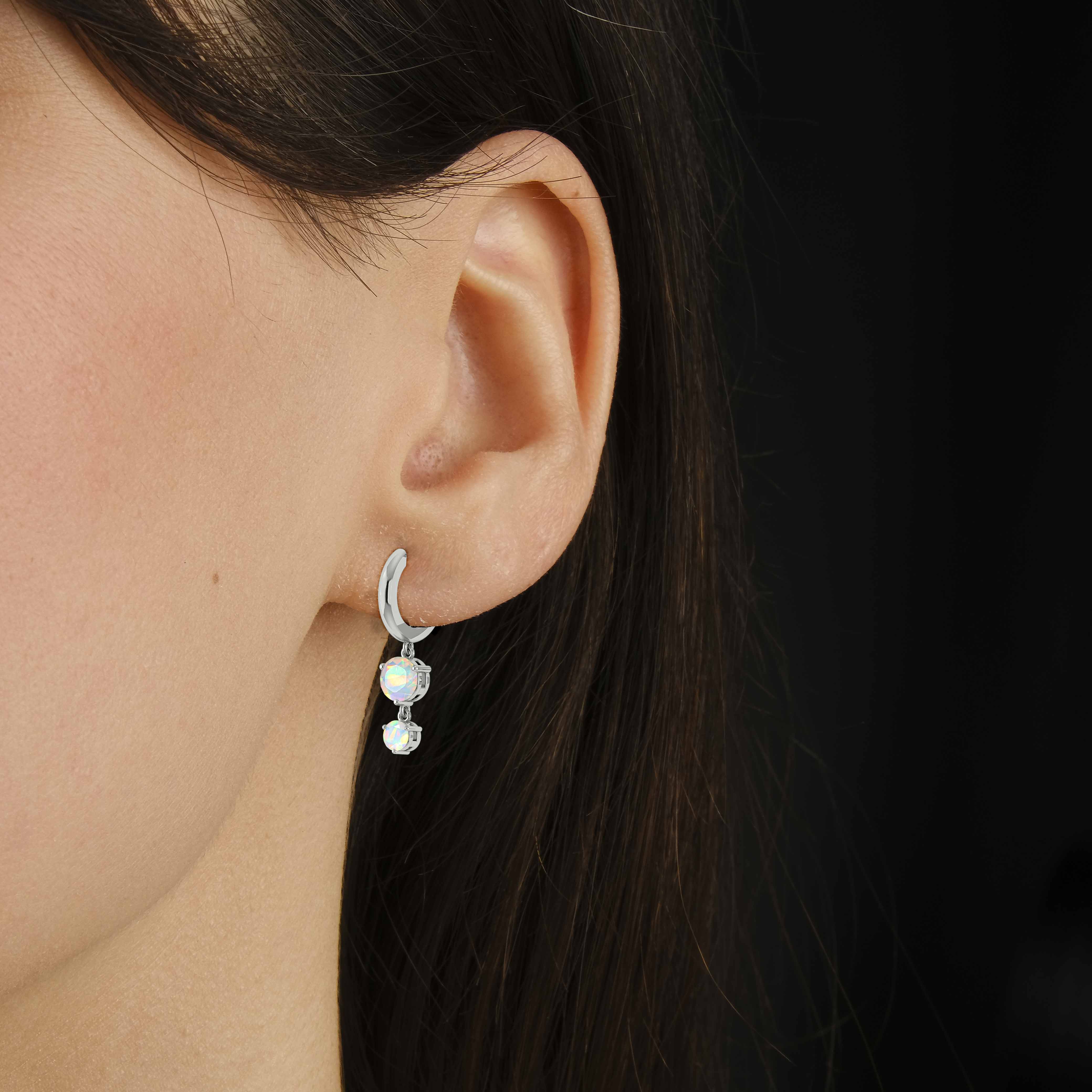 2 Round Stone Natural White Opal Drop Hoop Earrings for Women - Elegant Dangle Earrings for Party, Wedding & Everyday Wear
