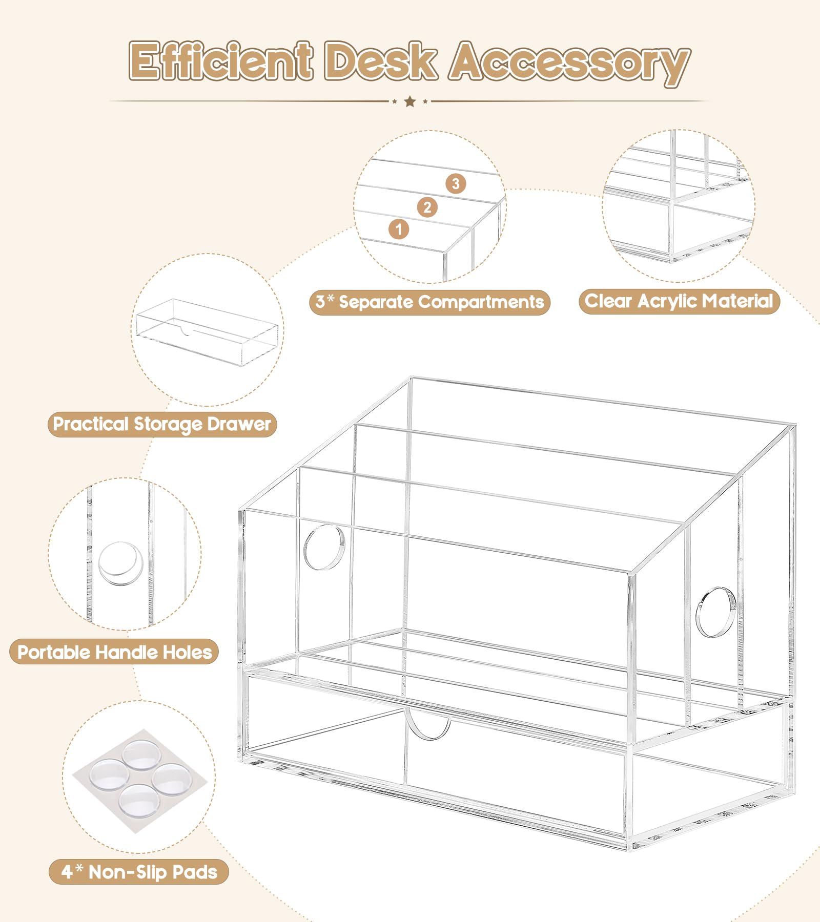 Clear Acrylic Desk Organizer with 3 Compartments & Drawer - Letter Paper Document Sorter, Mail Holder for Home Office, Study Desk - Perfect for Organizing Bills, Files, and Office Supplies