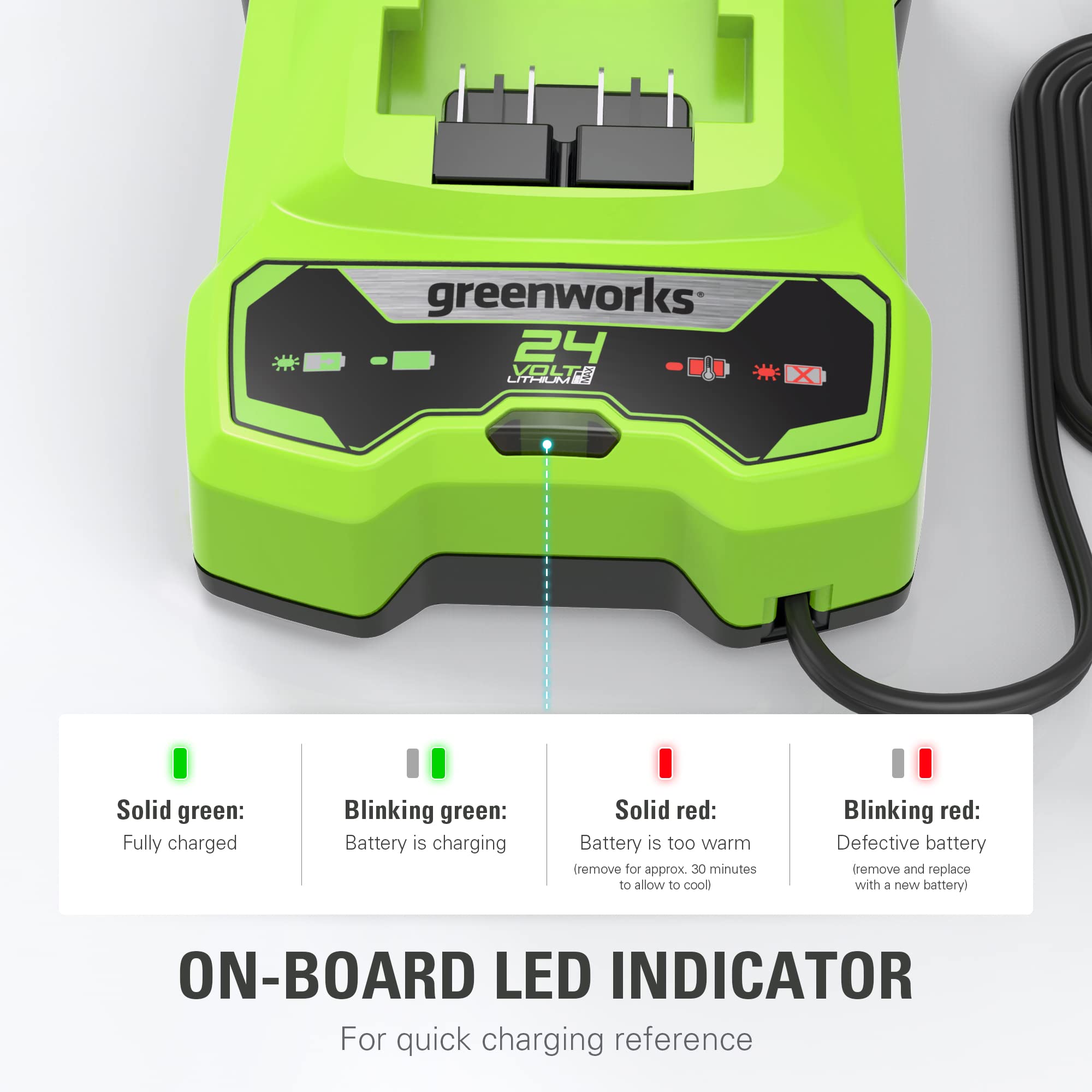 Greenworks 24V Battery Charger - Genuine OEM Replacement for Greenworks 24V Tools - Fast Charging for Lawn Mowers, String Trimmers & Power Tools - Perfect for Home Garden & Outdoor Equipment Maintenance