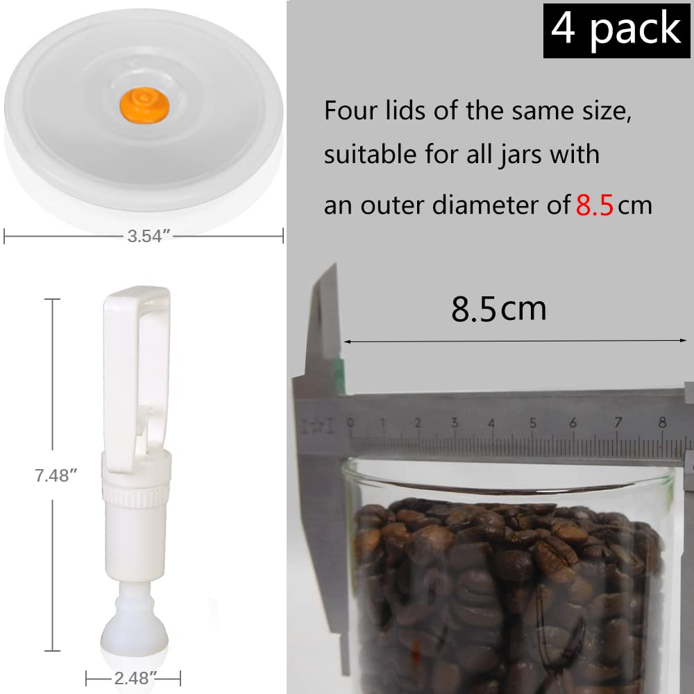 BPA-Free Vacuum Sealing Lids for Mason Jars - Reusable Food Preservation Lids (4 Pack with Pump) - Fits 8.5cm Outer Diameter Containers - Keep Fruits, Vegetables & Leftovers Fresh - Ideal for Meal Prep & Pantry Storage