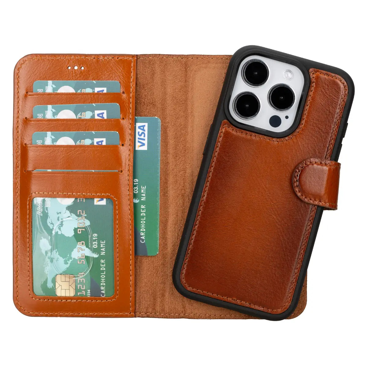 Premium Burnished Tan Leather Wallet Case for iPhone 15 Pro - Slim Protective Cover with Card Slots | Perfect for Everyday Use, Travel & Business Meetings