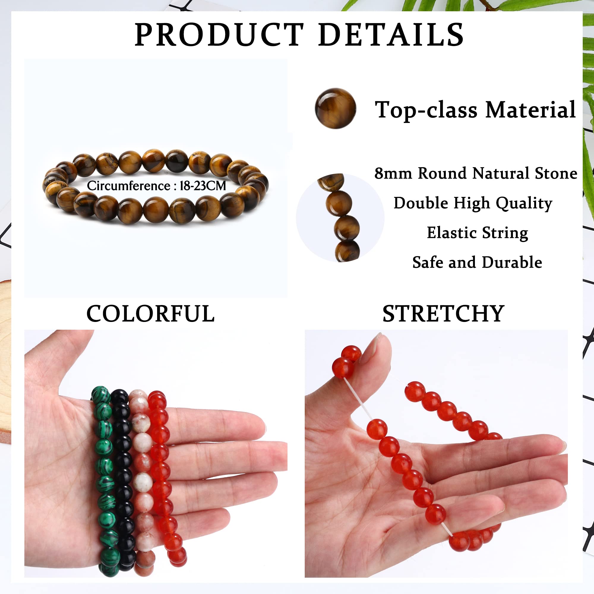 12 Pack 8mm Beaded Stretch Bracelets for Women & Men - Natural Healing Stone & Semi-Precious Gemstone Crystal Bead Set - Adjustable Wristbands for Yoga, Meditation, Gifts & Everyday Wear