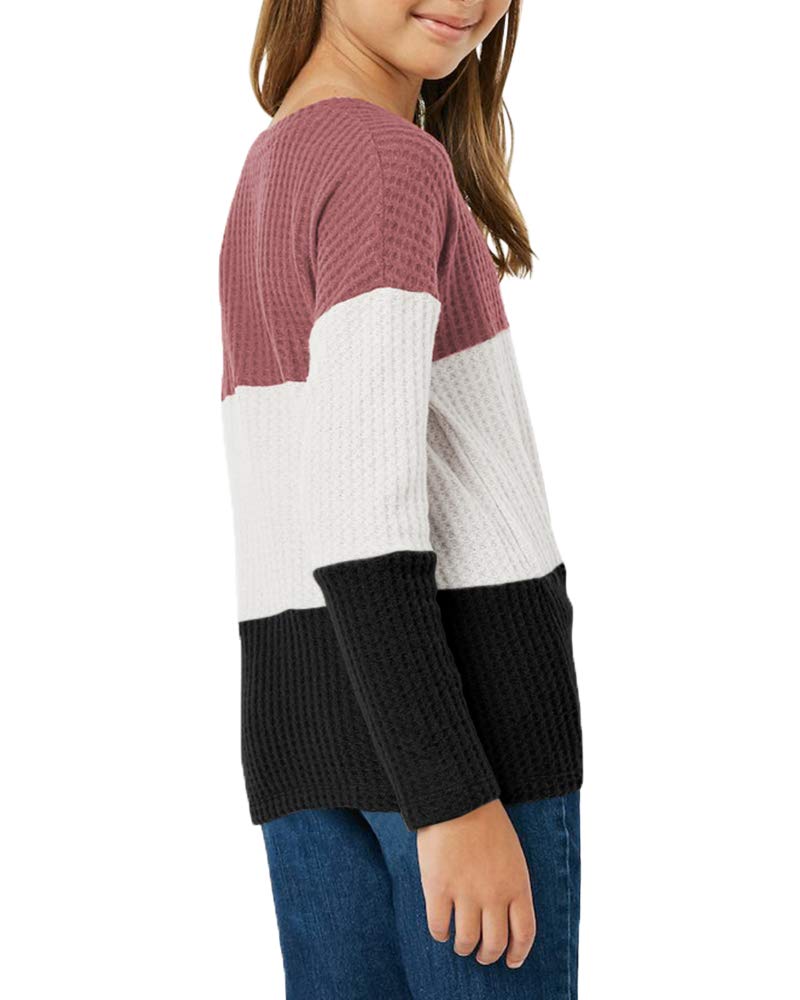 Girls Waffle Knit Colorblock Tie-Front Long Sleeve Tunic Top - Casual Comfortable Kids Fashion for School, Playdates & Everyday Wear