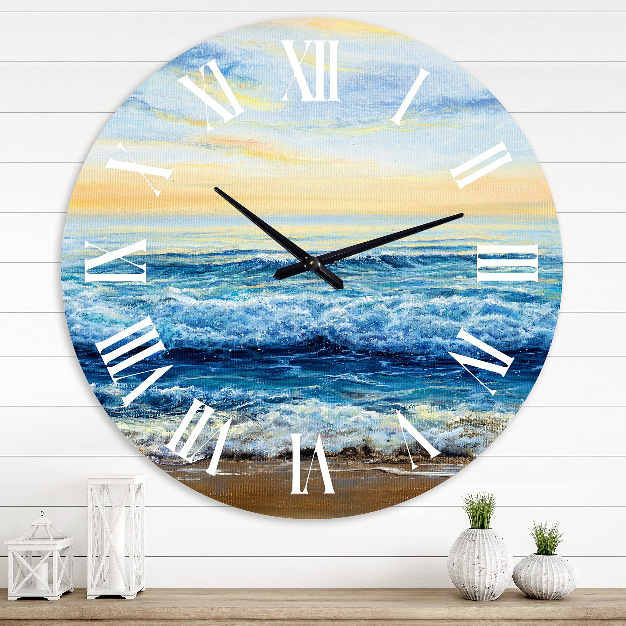 DesignQ Nautical Coastal Wall Clock - Ocean Waves at Dawn Blue Round Clock for Living Room, Bedroom & Office Decor | Perfect for Beach House, Coastal Theme & Home Interior Design