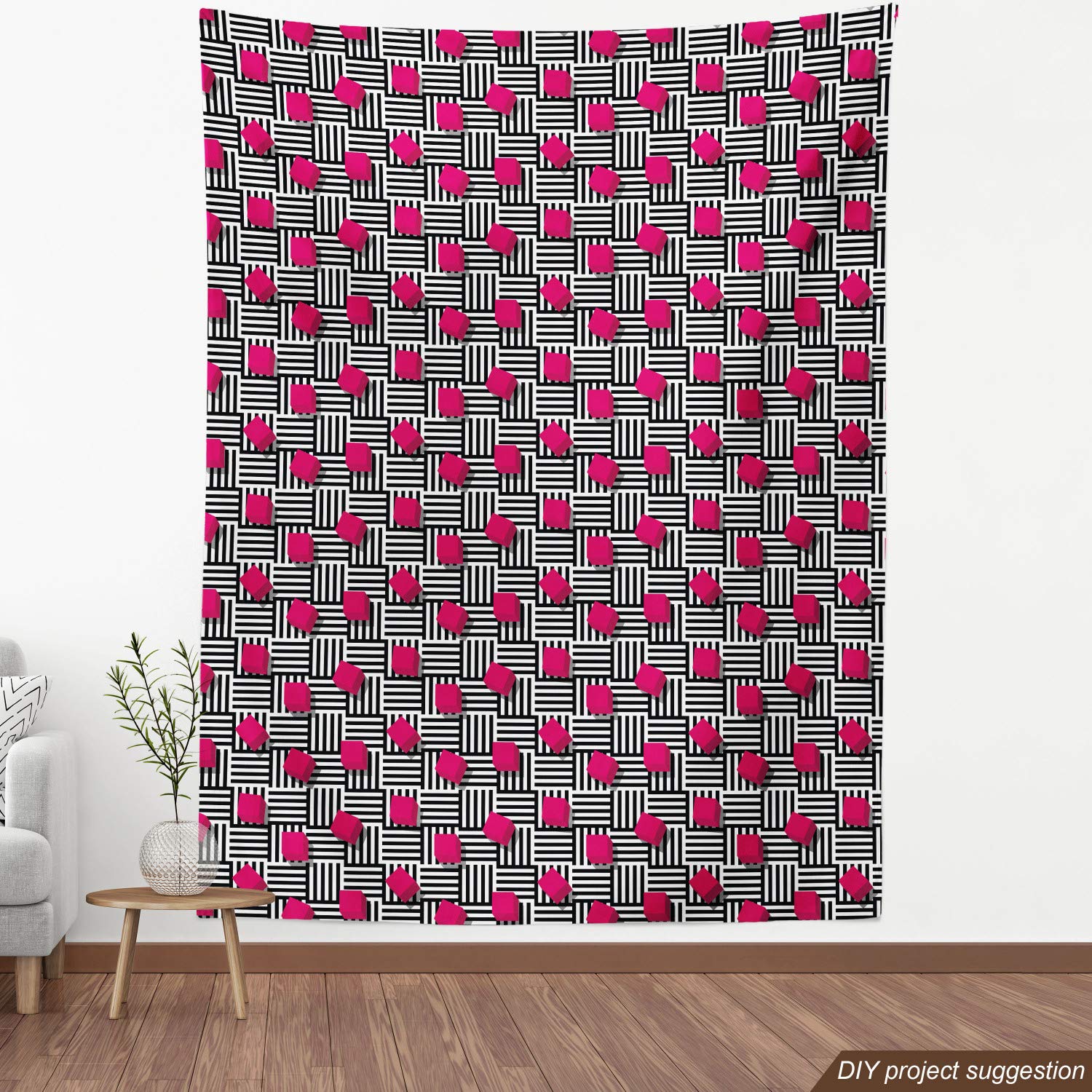 Ambesonne Abstract Geometric Minimalist Lines & Square Cubes Print Fabric by The Yard - 10 Yards Magenta Black & White - Upholstery, Curtains, Pillows, Teen Room Decor & Home Accents
