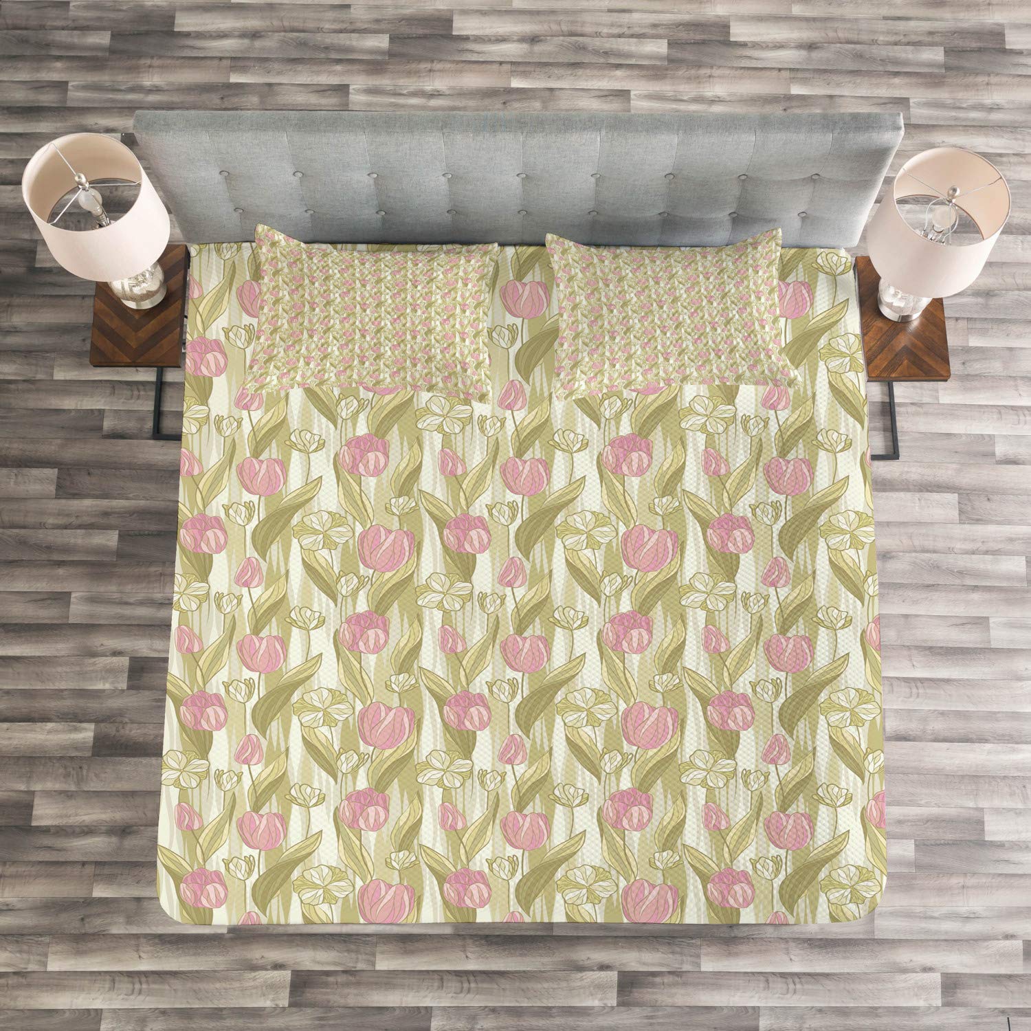 Lunarable Tulips Bedspread Set - Soft Pastel Tones Spring Floral Print, 3 Piece Quilted Coverlet with 2 Pillow Shams, King Size in Blush Pink, Khaki & Pale Yellow - Perfect for Bedroom Decor, Guest Room Makeover & Spring Home Refresh