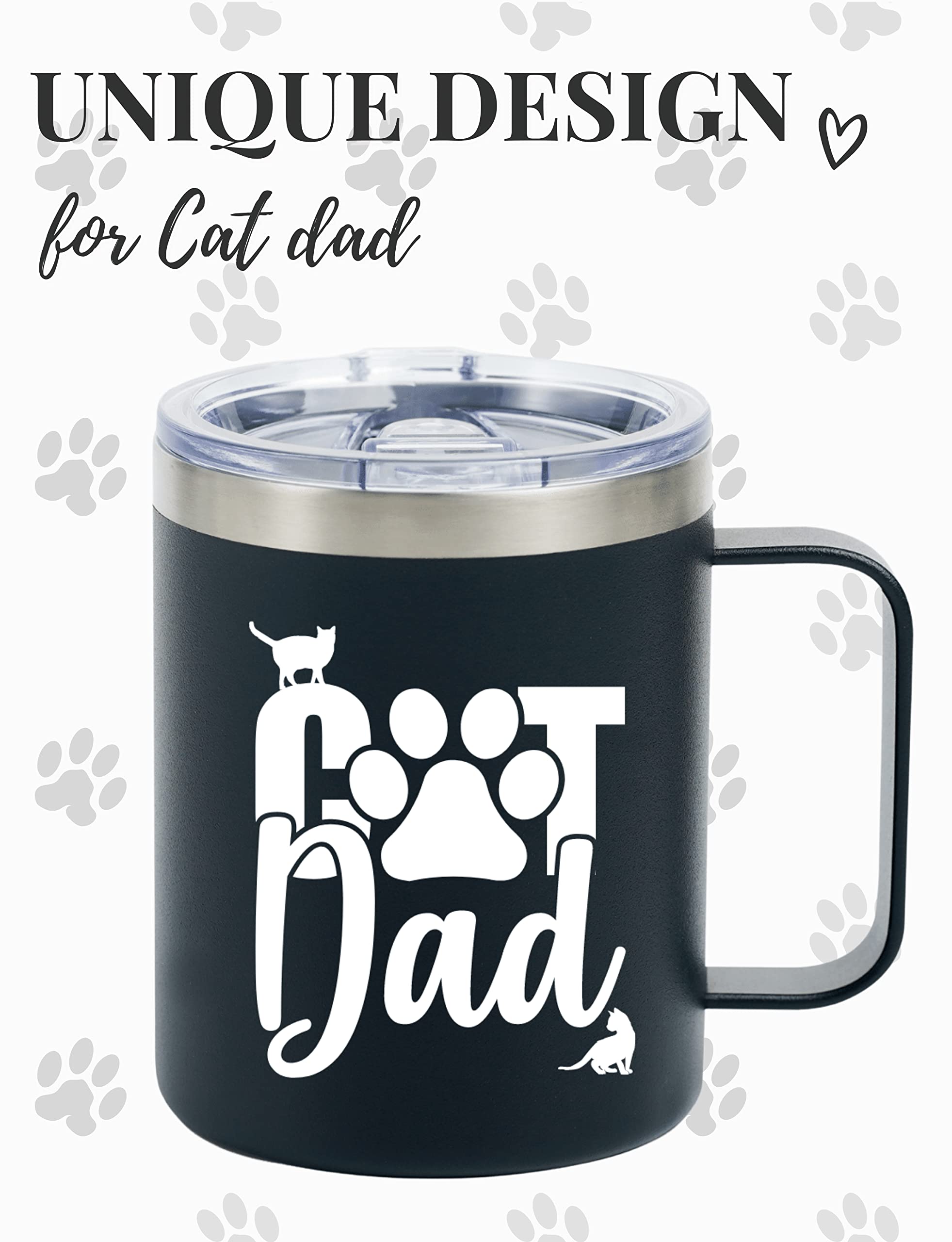 Onebttl Insulated Stainless Steel Cat Mug with Lid - 12oz Funny Coffee Cup for Cat Lovers - Perfect Gift for Cat Dad on Birthday & Christmas - Black - Ideal for Home, Office & Coffee Breaks