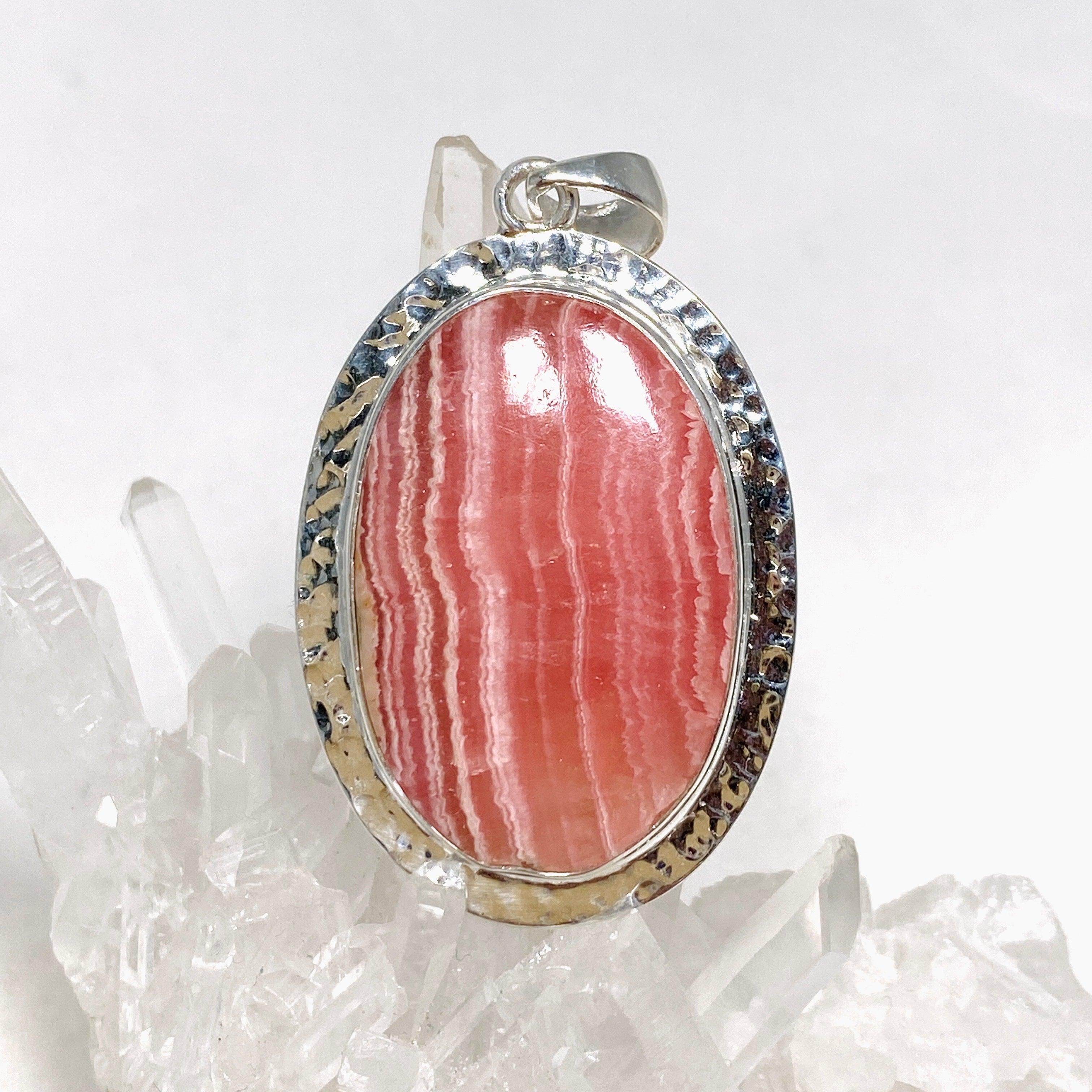 Rhodochrosite Oval Pendant Necklace - Handcrafted Hammered Sterling Silver Setting KPGJ4320 | Elegant Jewelry Gift for Women, Perfect for Weddings & Special Occasions