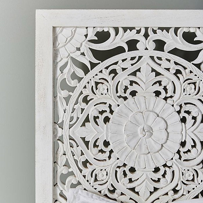 Hand Carved Indian Wooden Bed Frame - Dynasty Low Line Style in White | Solid Wood Platform Bed for Master Bedroom, Guest Room & Bohemian Decor