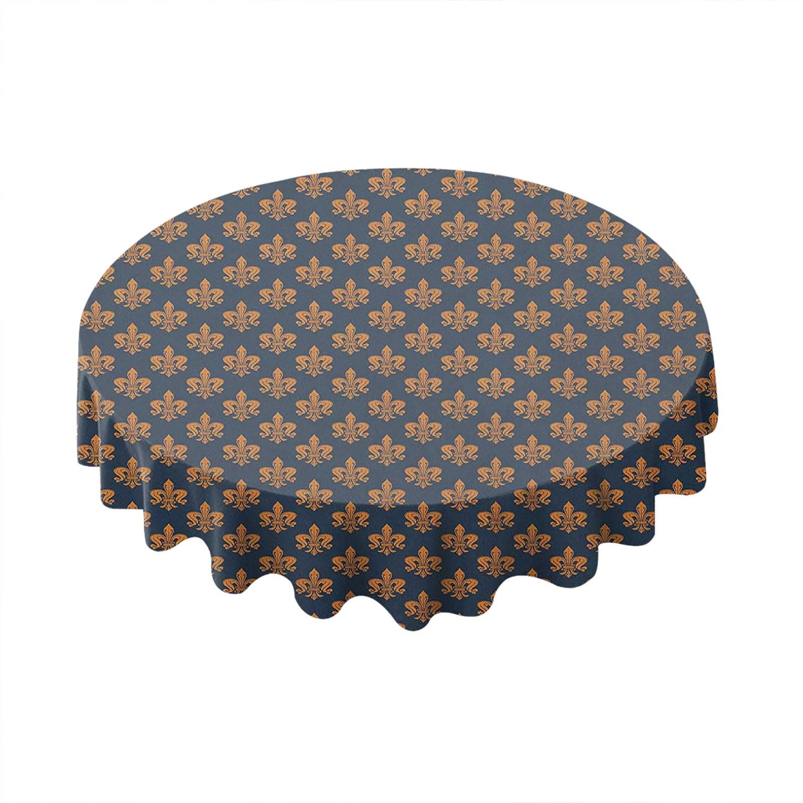 60 Inch Dark Blue & Orange Fleur De Lis Polyester Round Tablecloth - Bulk Wedding Party Table Linens for Banquets, Receptions & Special Events