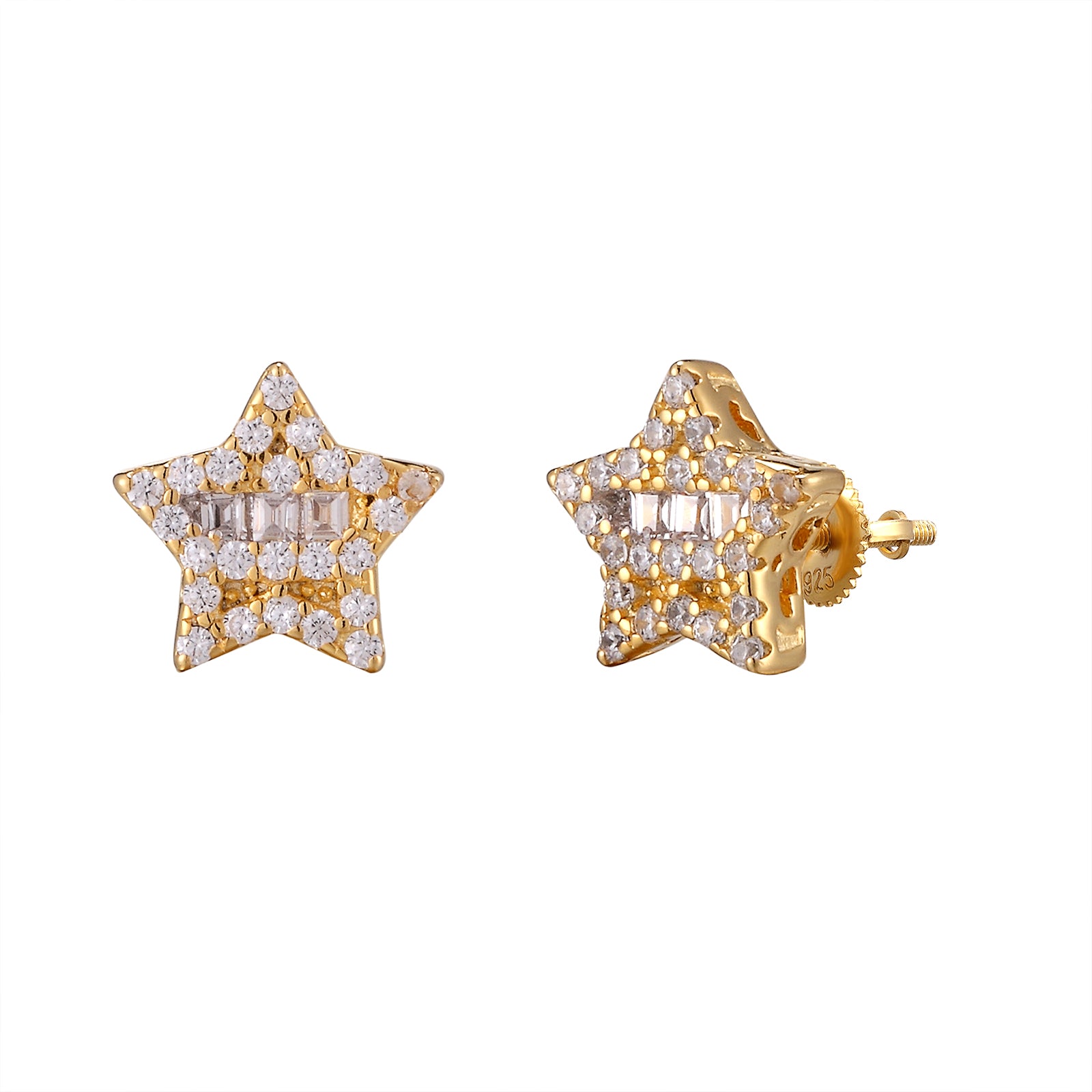 925 Sterling Silver Small Baguette Star Earrings - Yellow Gold Plated Dainty Stud Earrings for Women, Perfect for Everyday Wear, Parties & Gift Giving