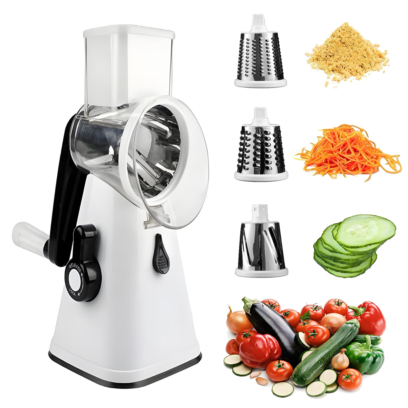 Rotary Cheese Grater with 3 Interchangeable Blades - Manual Speed Round Food Slicer & Nut Grinder with Strong Suction Base - Perfect for Cheese, Vegetables, Walnuts, Chocolate, Potatoes & Carrots (White) - Ideal for Kitchen, Camping & Food Prep