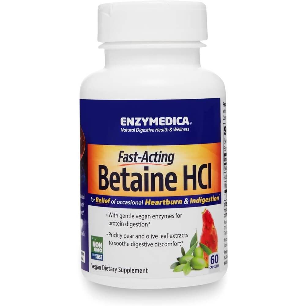 Enzymedica Betaine HCI 600mg Digestive Enzyme Supplement - 60 Capsules for Gut Health & Acid Reflux Relief - Supports Protein Digestion & Nutrient Absorption
