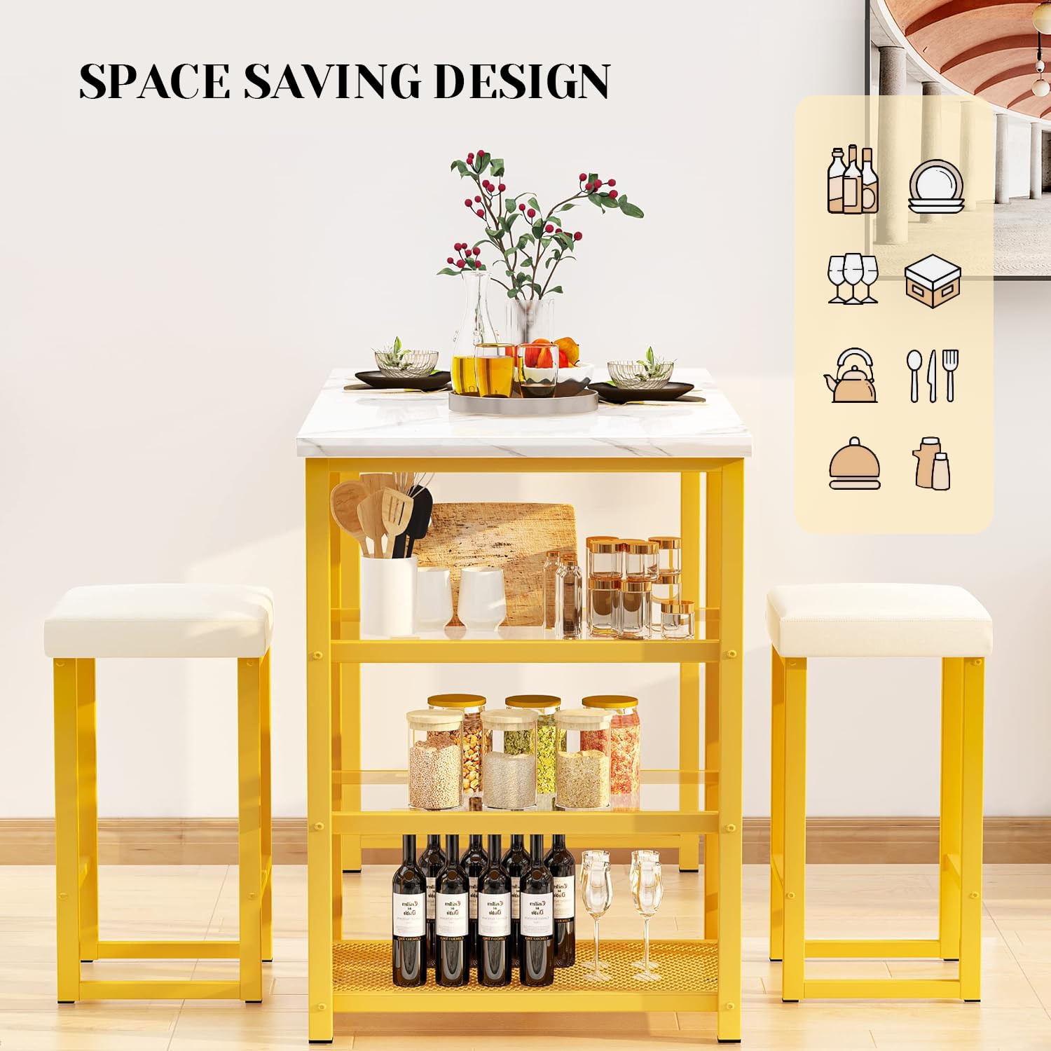 Modern 2-Person Kitchen Island Dining Set with Storage - Faux Marble Table & 2 Stools, Gold & White - Perfect for Small Spaces, Apartments, Kitchens & Dining Rooms