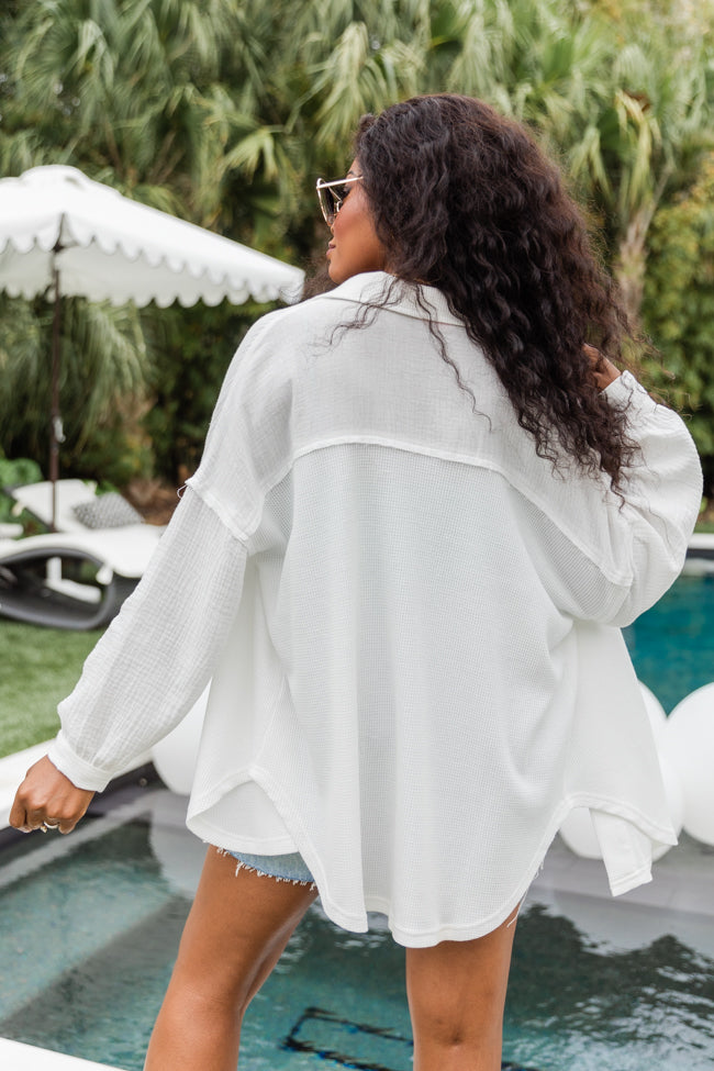 Stylish Ivory Waffle & Gauze Shacket for Women - Cozy Overshirt for Fall & Winter Layering - Perfect for Casual Outfits and Outdoor Activities