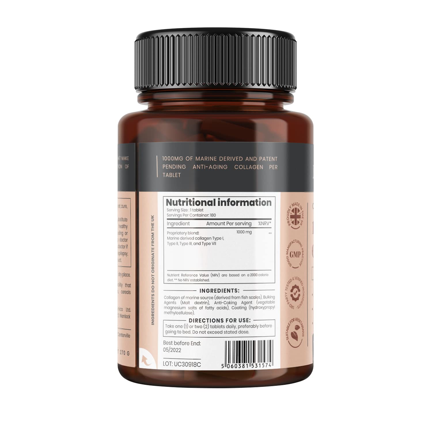 UltraColl Marine Collagen 1000mg x 1080 Tablets (6 Bottles of 180 Tablets) - 18 Months Supply with Patented Anti-Aging Collagen Types I, II, III & VII | Supports Skin Elasticity, Joint Health & Hair Growth | Perfect for Daily Wellness Routine & Anti-Aging Care