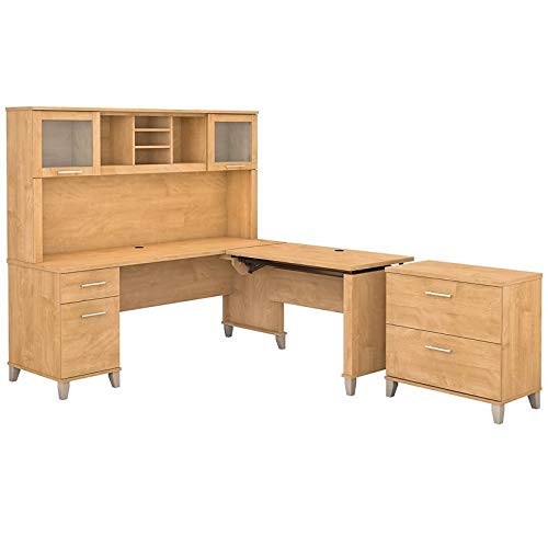 Scranton & Co Somerset Maple Sit Stand L-Shaped Desk with Hutch & Storage Cabinet - Perfect for Home Office & Small Workspaces