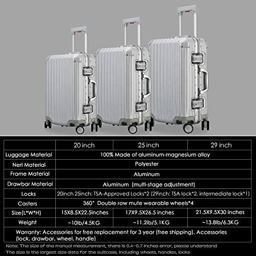 Premium All-Aluminum Hard Shell Suitcase with 360° Spinner Wheels - Lightweight & Durable Checked Luggage (Carbon Fiber Silver, 29 Inch) - Perfect for Business Travel & International Vacations