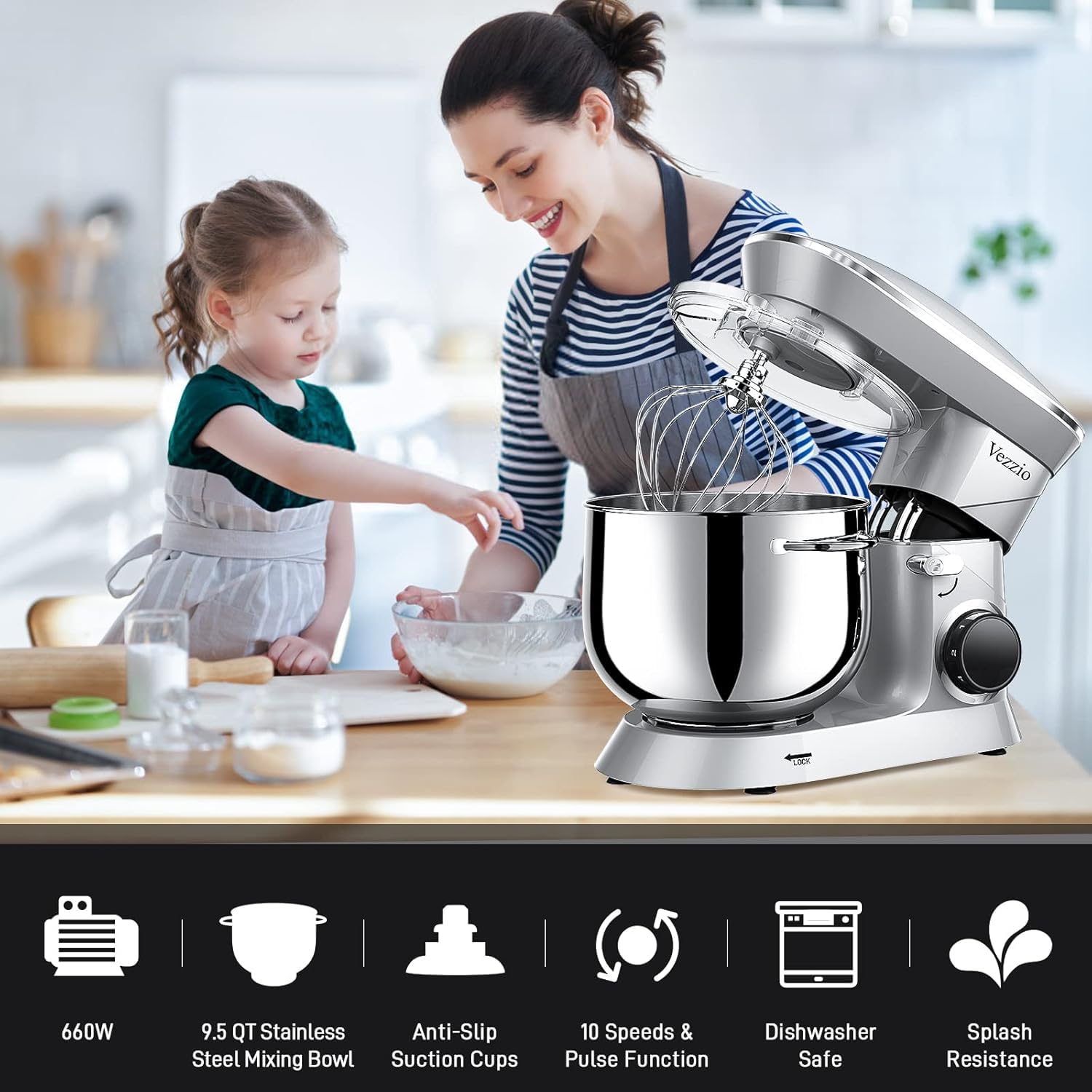 Vezzio 660W 10-Speed Tilt-Head Stand Mixer with 9.5 Qt Stainless Steel Bowl - Dishwasher-Safe Attachments for Baking, Whipping & Kneading - Perfect for Home Bakers & Cooking Enthusiasts (Silver)