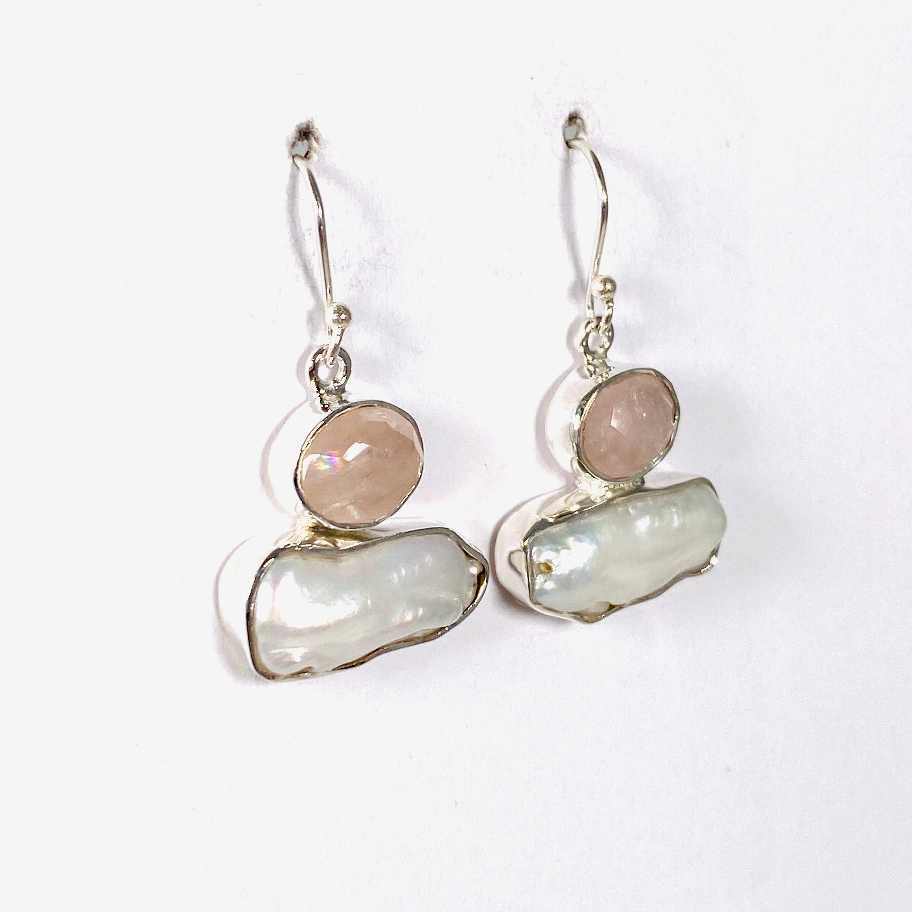 Pearl and Rose Quartz Faceted Earrings E2393 RQ - Elegant Gemstone Jewelry for Women, Perfect for Weddings, Parties & Special Occasions