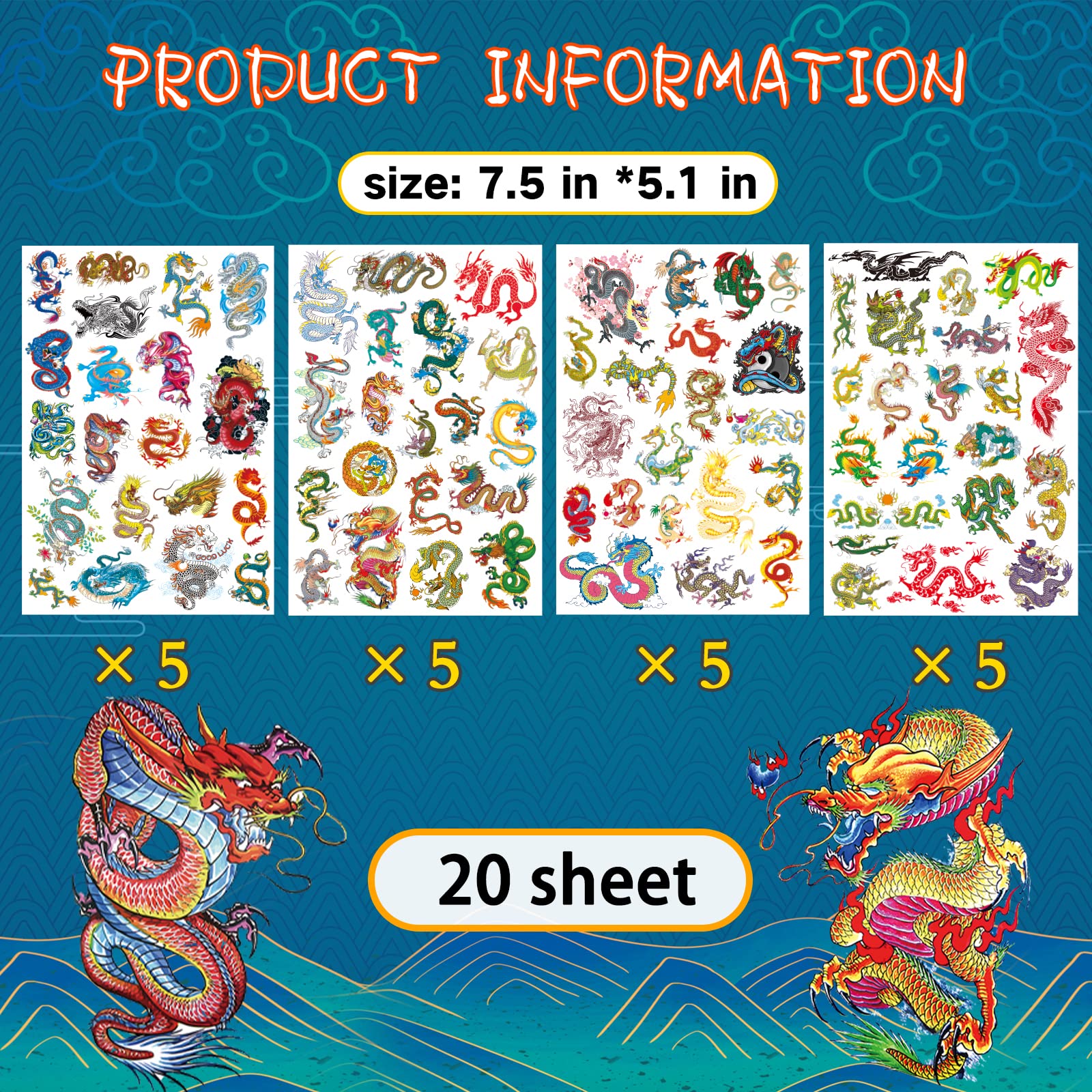 Ancient Dragon Tattoo Party Supplies - 405pcs Waterproof Temporary Tattoo Stickers for Kids, Boys & Girls - Chinese Fairy Dragon Cartoon Designs for Class Activities, Birthday Parties & Halloween Costumes