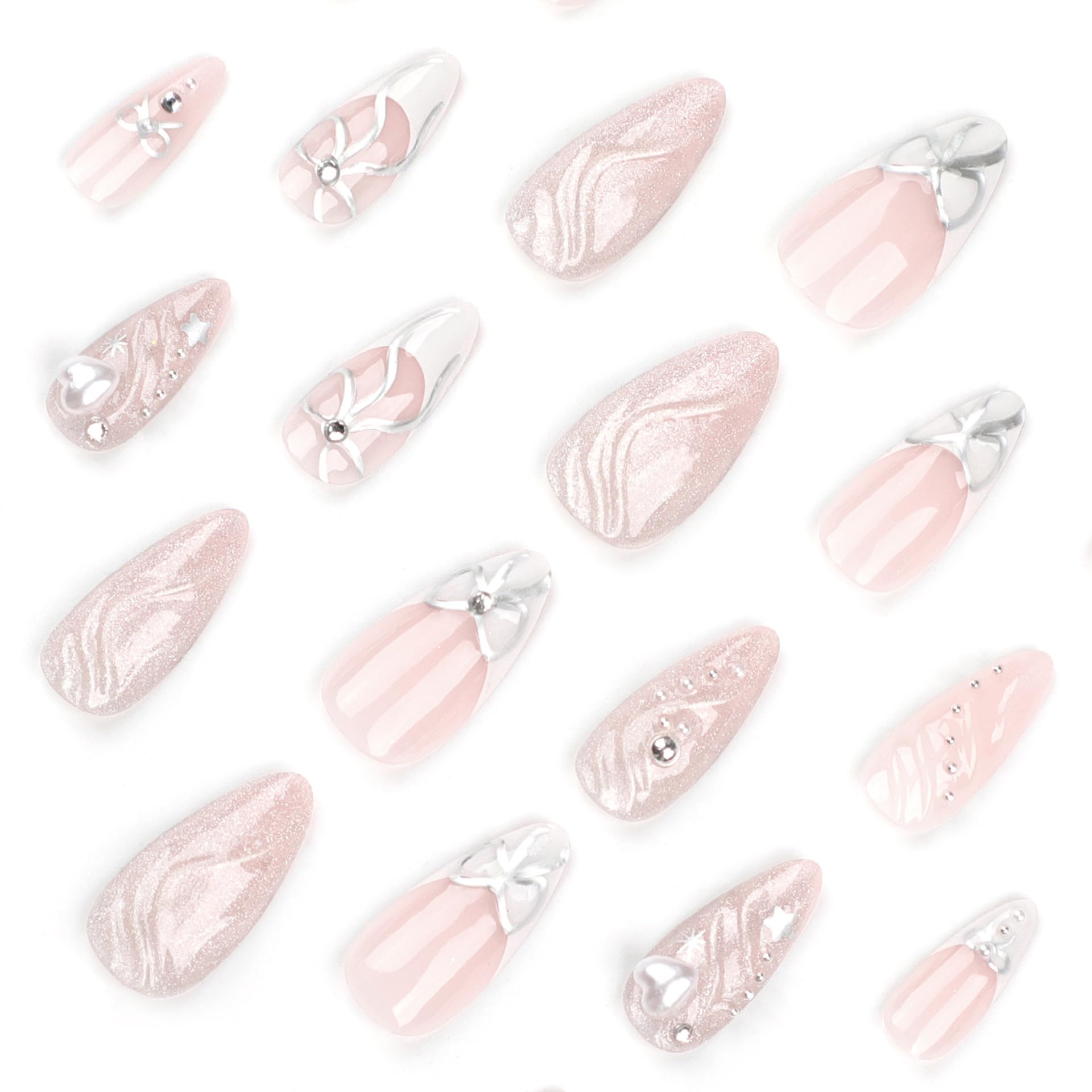 24Pcs Medium French Tip Press on Nails with 3D Silver Bow & Water Ripple Design - Y2K Star Stiletto Fake Nails for Women | Full Cover Stick on Acrylic Nails | Perfect for Parties, Weddings & Everyday Manicure