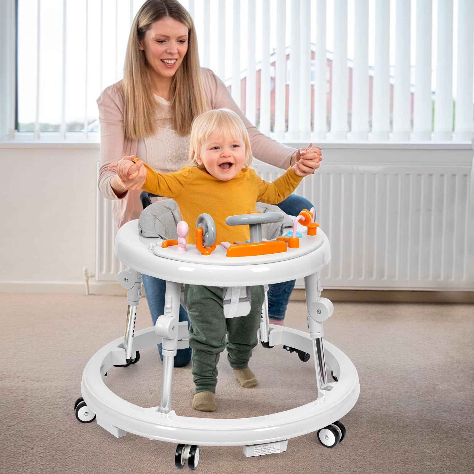 Foldable Baby Walker with Music & Lights - 9 Adjustable Heights, Wheels & Activity Center for Boys & Girls 7-18 Months (White) | Portable Learning Walker for First Steps & Indoor Play