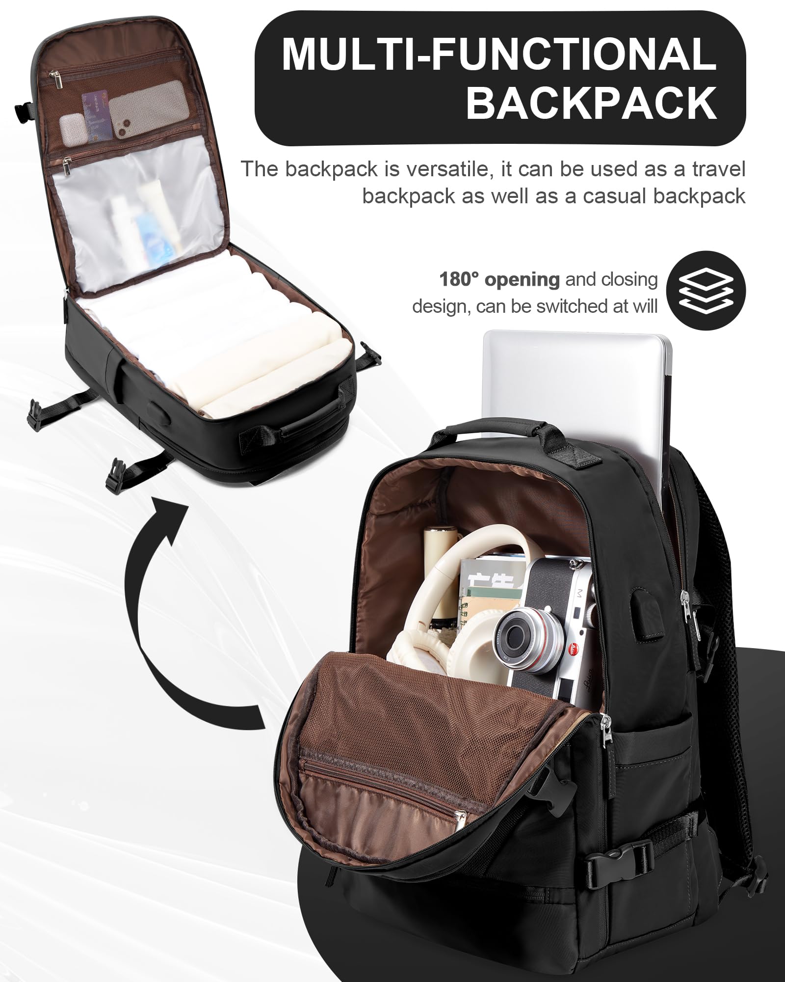 Wepadre Black Large Travel Backpack - Flight Approved Carry On Backpack for Women, Frontier Airlines Personal Item, Durable Traveling Backpack for Business Trips, Weekend Getaways & Airplane Travel