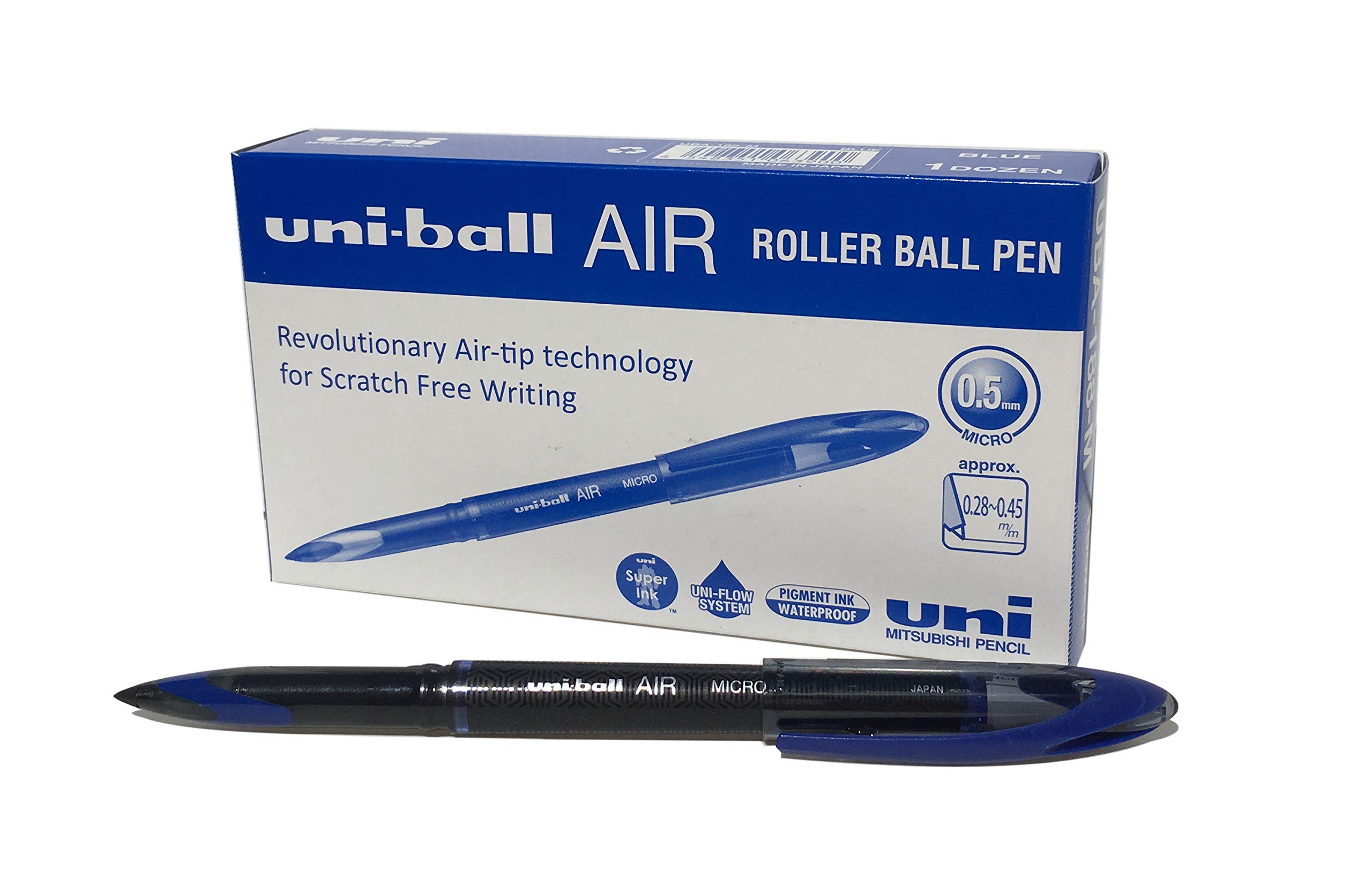 uni-ball UB-188-M Micro Air Rollerball Pens 0.5mm Fine Tip - Premium Smooth Writing Ballpoint Pens with Fountain Pen Feel - Fade & Water Resistant Liquid Super Ink - 12 Pack Blue Pens for Office, School & Art Projects