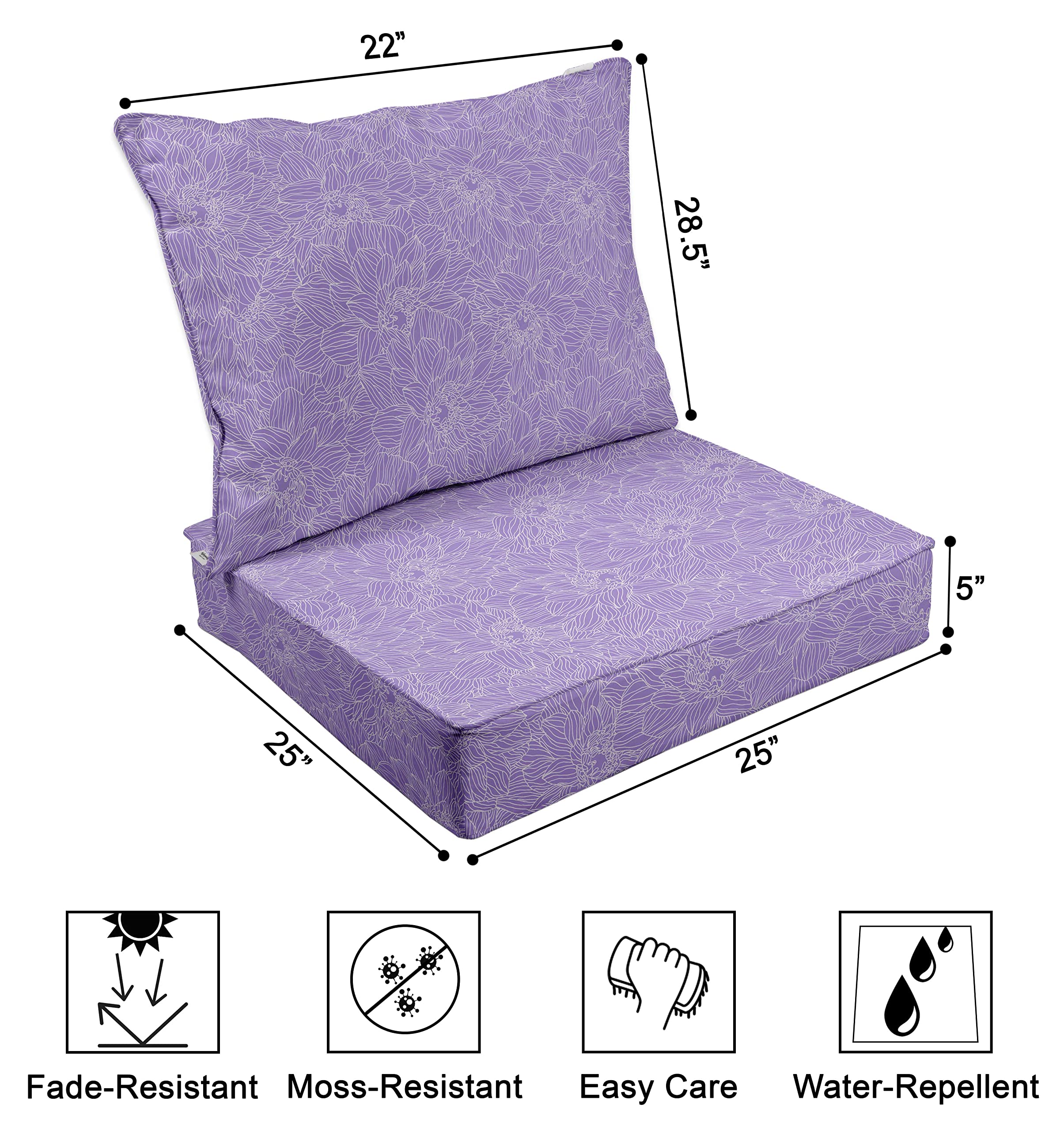 Printed Outdoor Deep Seat Patio Cushions Set - 2pc All-Weather Replacement Cushions (25x25x5 inches) in Dusty Violet - Perfect for Patio Furniture, Garden Chairs & Backyard Lounging