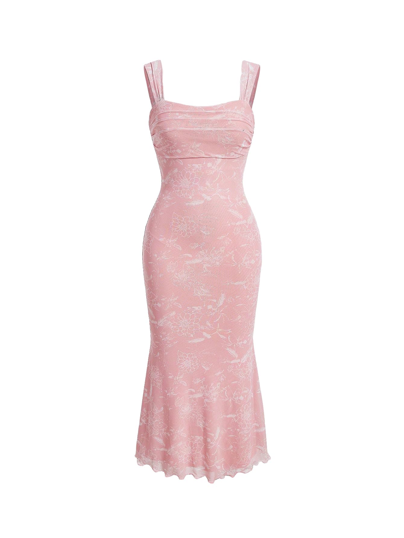 GORGLITTER Women's Floral Ruched Bodycon Dress - Mesh Fishtail Cocktail Midi Sun Dress for Wedding Guest, Summer Party & Special Occasions 2025