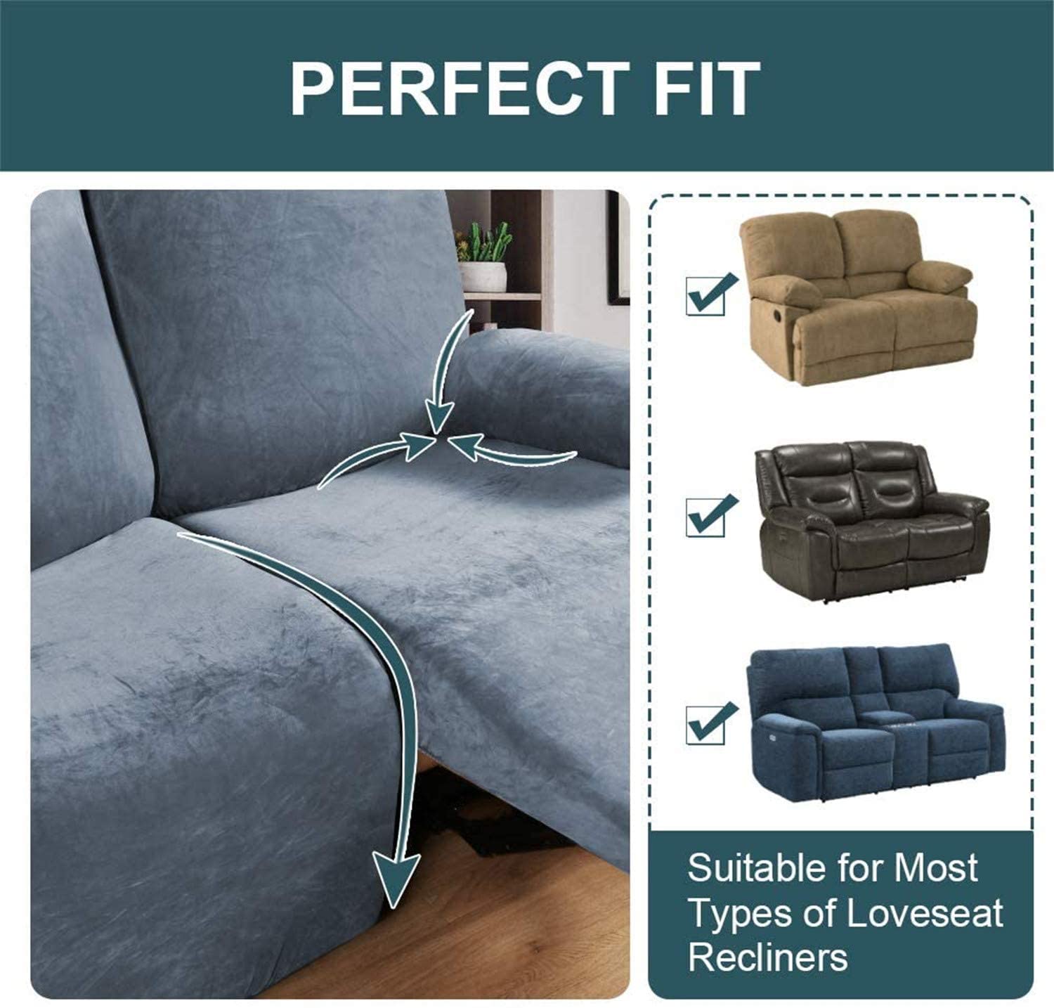 6-Piece Velvet Stretch Recliner Covers for 2-Seater Loveseat – Soft Furniture Protector with Side Pockets, Stone Blue – Perfect for Living Room, Home Theater & Family Gatherings