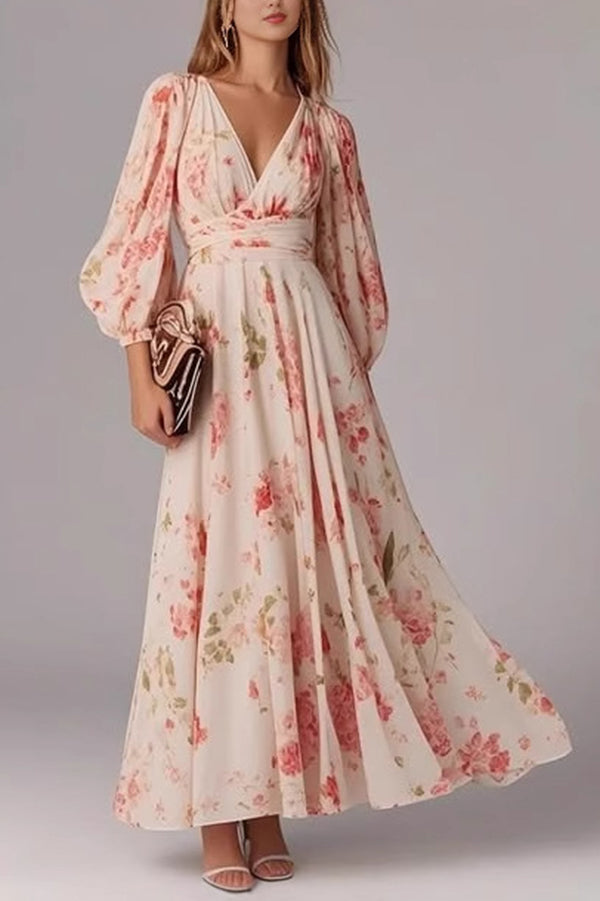 Floral Print Lantern Sleeves V-Neck Waist Casual Maxi Dress for Women | Summer Beach Wedding Party Outfit | Elegant Boho Chic Style