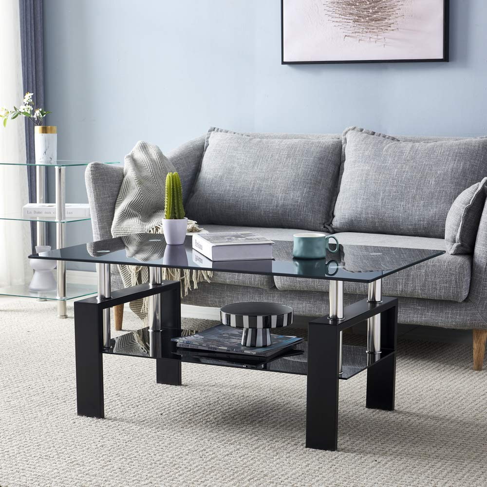 Modern Glass Coffee Table with Lower Shelf - Rectangle Tempered Glass Top & Stainless Steel Legs - Black Living Room Furniture for Home & Office Waiting Areas - Perfect for Lounge, Reception & Contemporary Spaces