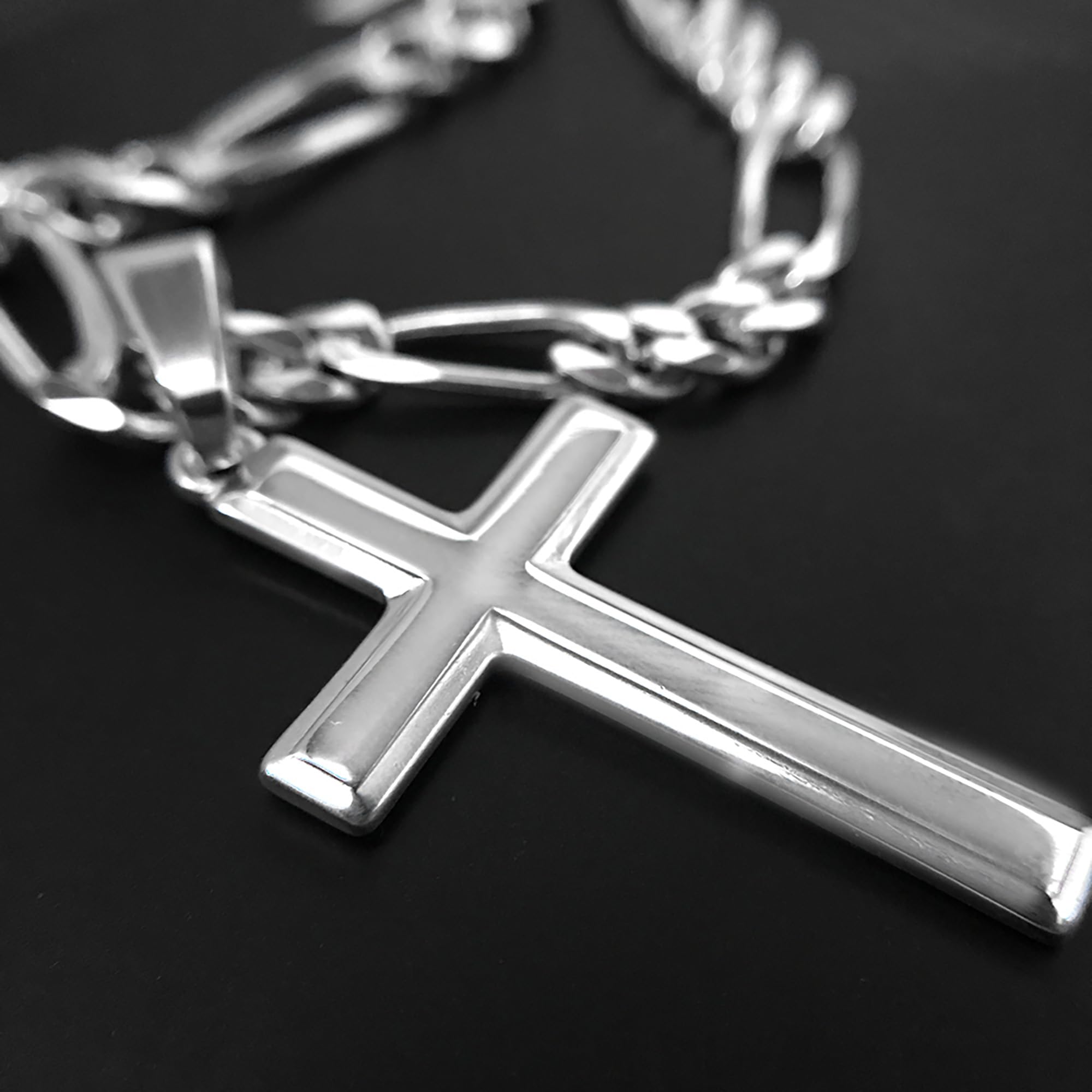 Men's Sterling Silver Cross Pendant Necklace with Figaro Chain - Inspirational Faith Gift for Religious Occasions, Baptism, and Daily Wear