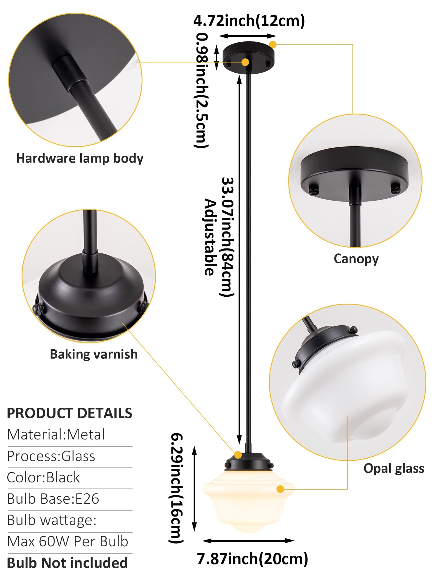 3-Pack Black Farmhouse Pendant Lights - 8 Inch Schoolhouse Ceiling Lamp with Milk Glass Shade - Modern Kitchen Island Lighting for Dining Room, Living Room, Bedroom & Office Spaces