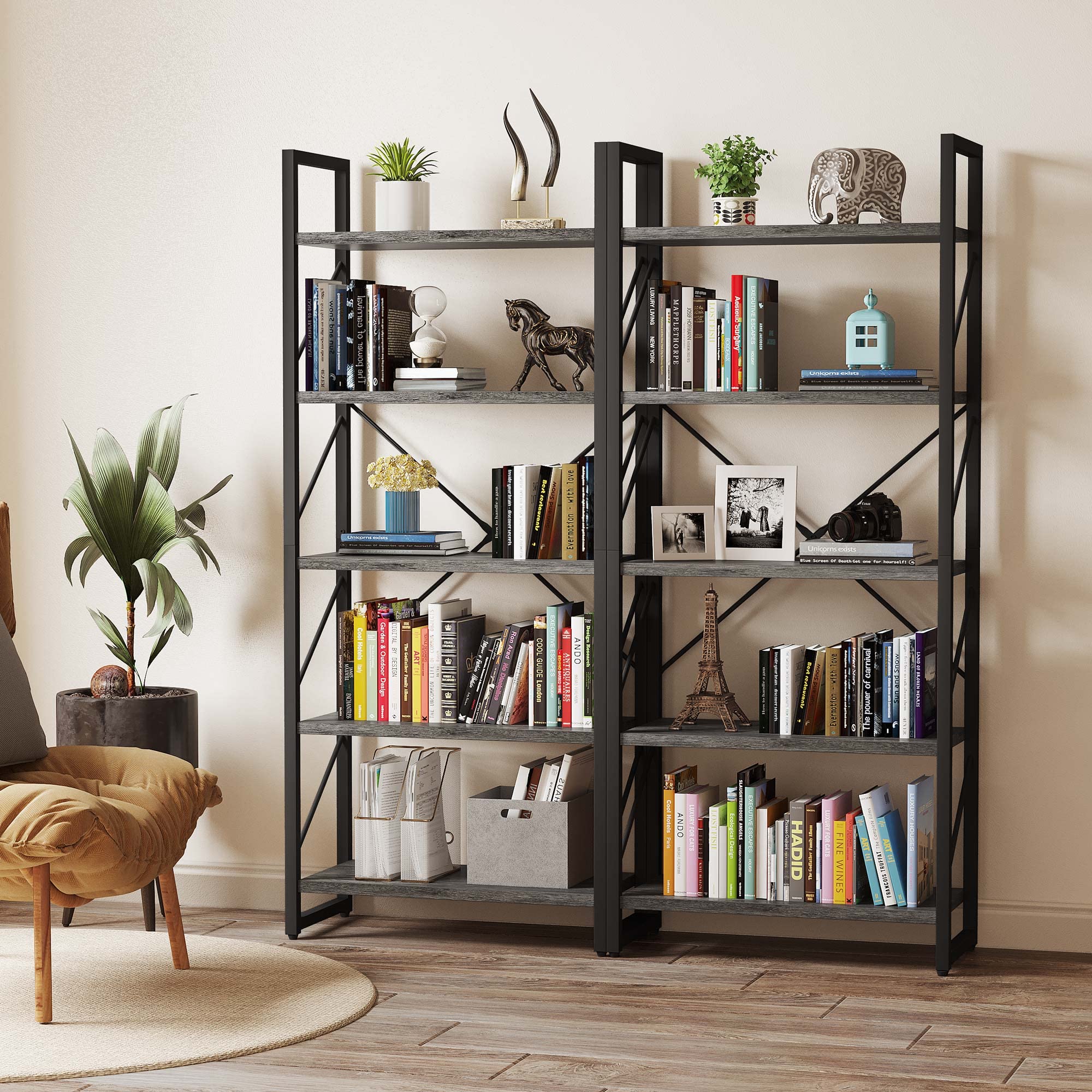 YITAHOME 5-Tier Industrial Bookshelf - Modern Grey Bookcase with Storage Shelves for Living Room, Home Office, Bedroom - Sturdy Book Rack & Organizer for Books, Movies, Decor - Charcoal Gray & Black Finish - Perfect for Small Spaces & Home Organization