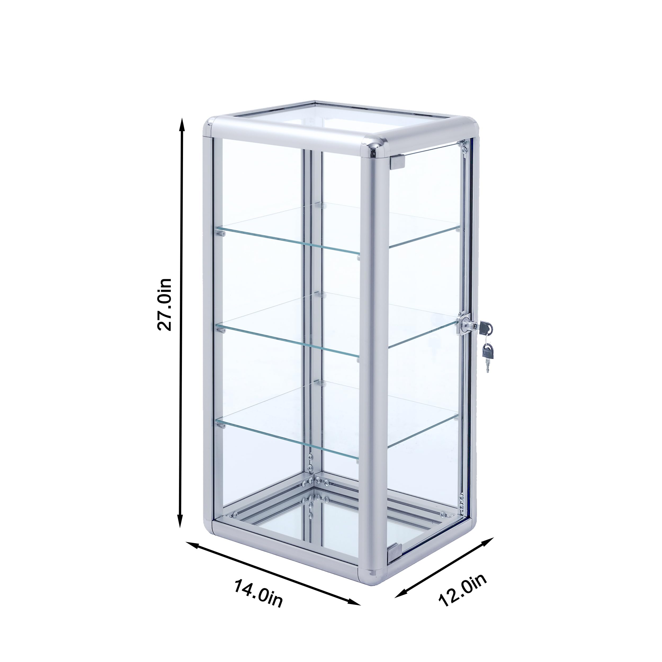 4-Tier Tempered Glass Display Case with Sliding Door & Lock - Silver Aluminum Frame Countertop Showcase (12