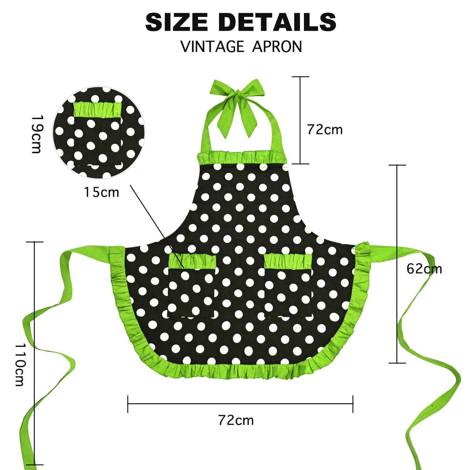 Vintage Polka Dot Apron for Women - Adjustable Ruffled Retro Apron with Pockets - 1950s Style Green Kitchen Apron - Perfect for Cooking, Baking, Halloween Costume & Mother's Day Gift